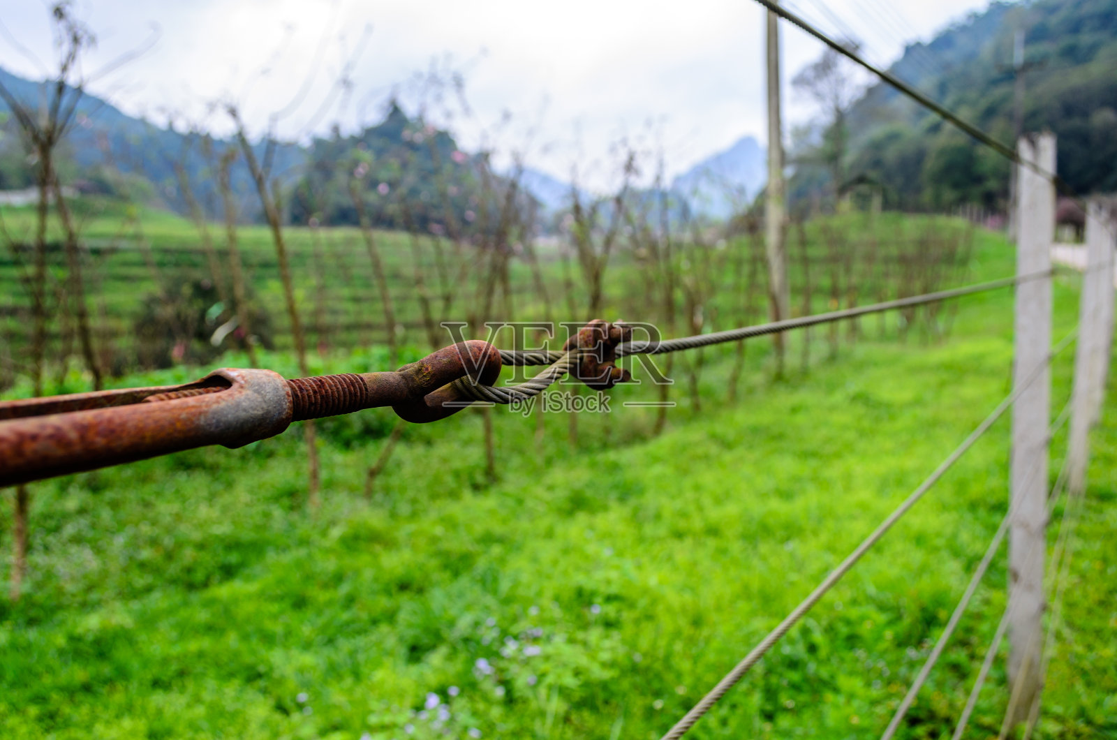 老锁在山上的钢丝。照片摄影图片