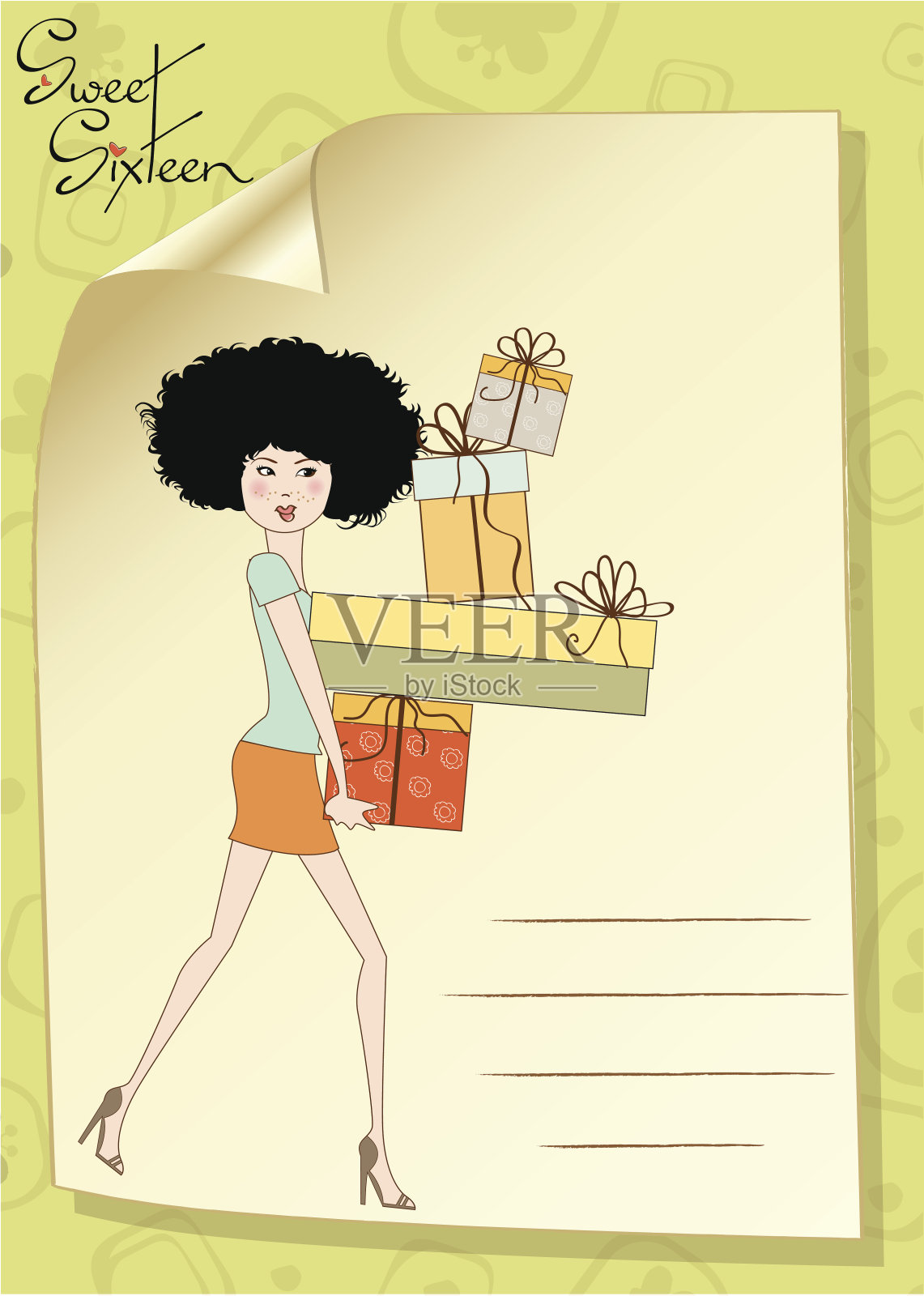 生日贺卡，漂亮的年轻女士插画图片素材