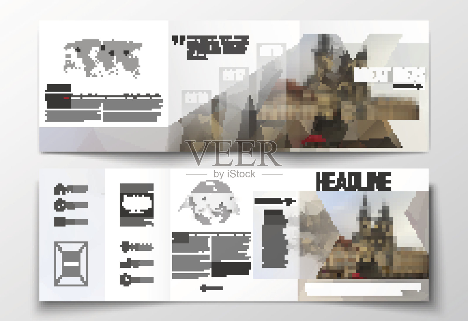 一套三折宣传册，方形设计模板。多边形的背景设计模板素材