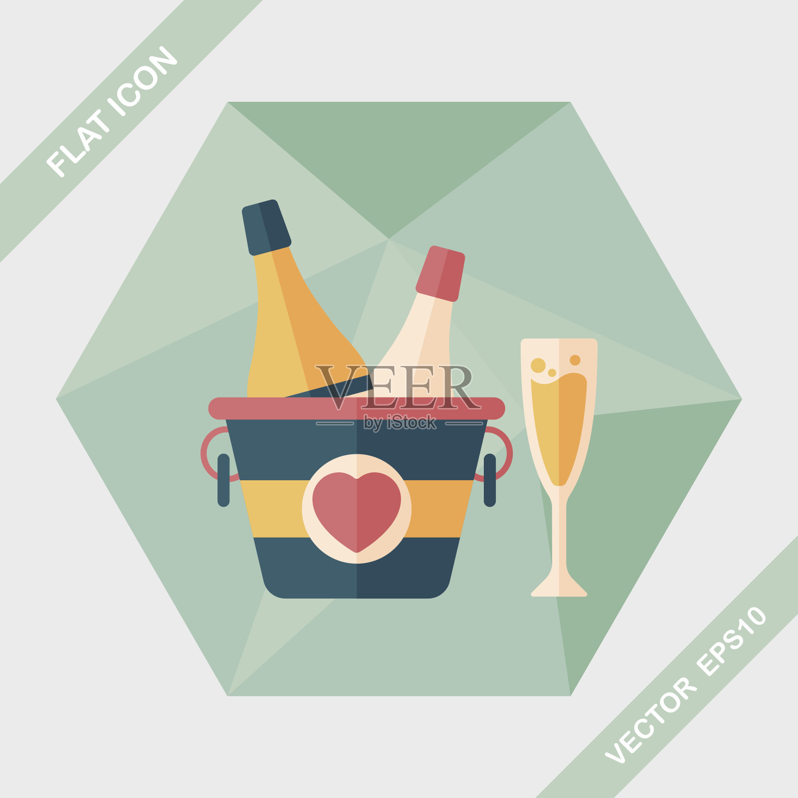 情人节香槟与长阴影的扁平图标，第10集插画图片素材