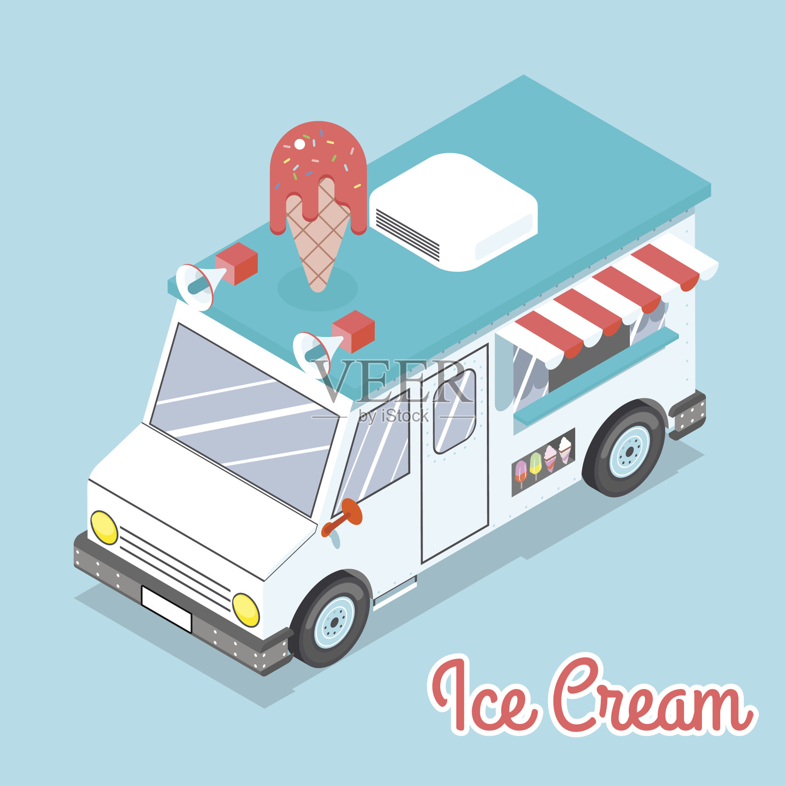 平面3d等距冰淇淋车与文本设计元素图片