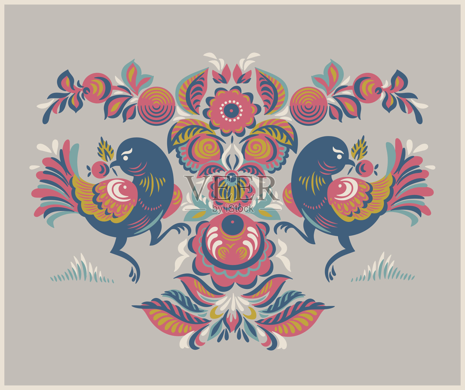 有两只鸟的花型Gorodets风格插画图片素材
