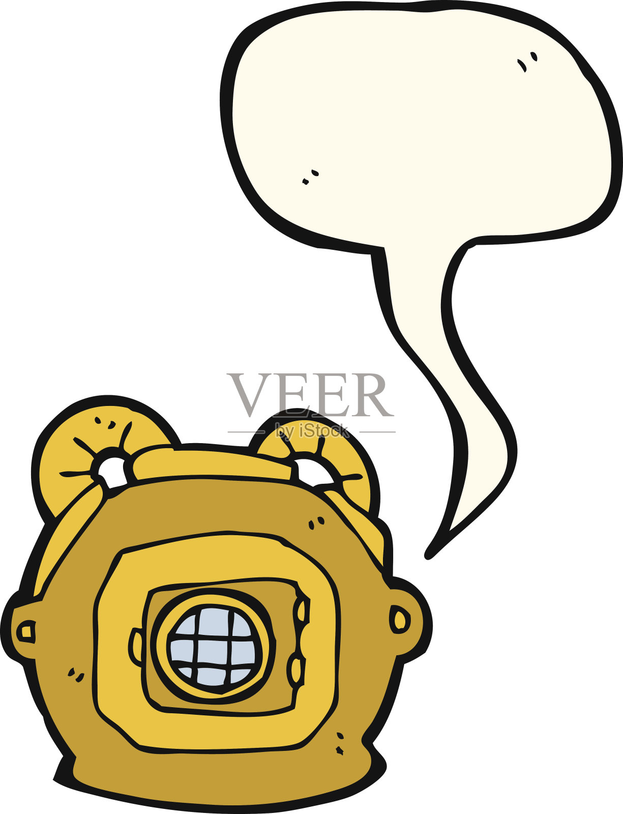 卡通旧深海潜水头盔与讲话气泡插画图片素材