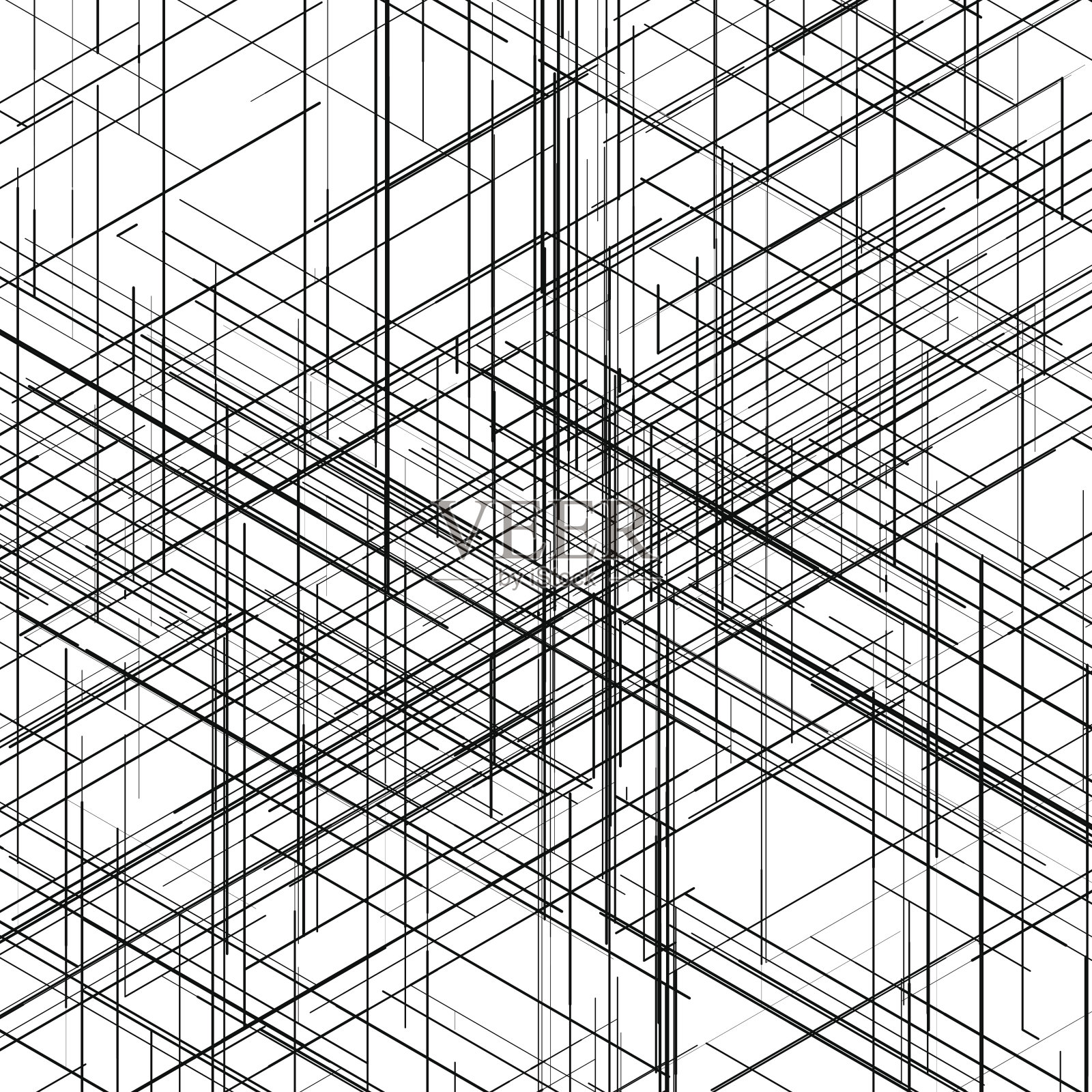 抽象等距计算机生成三维蓝图可视化线条背景。向量插画图片素材