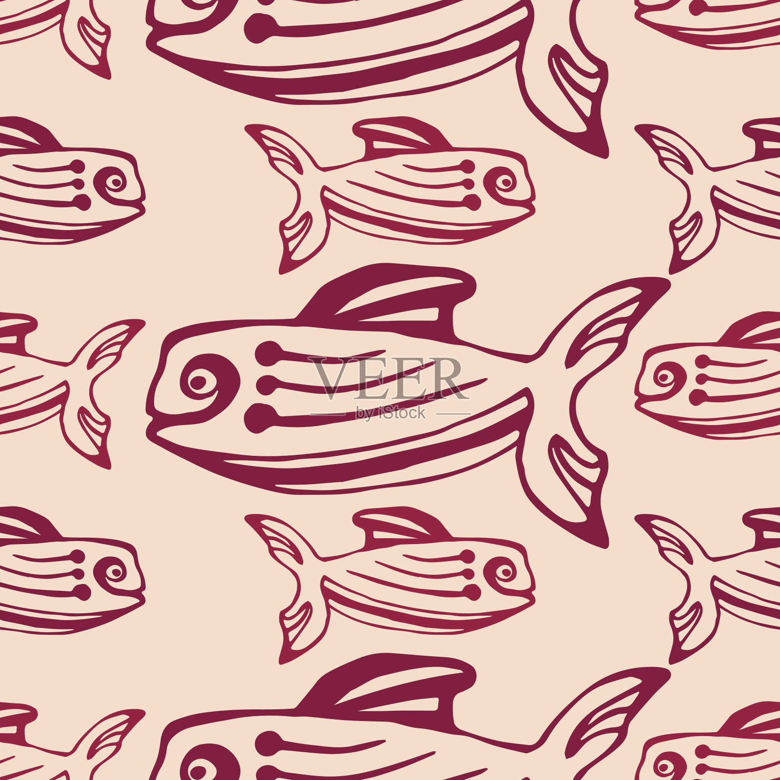 无缝图案与红色鱼类。向量的背景。插画图片素材