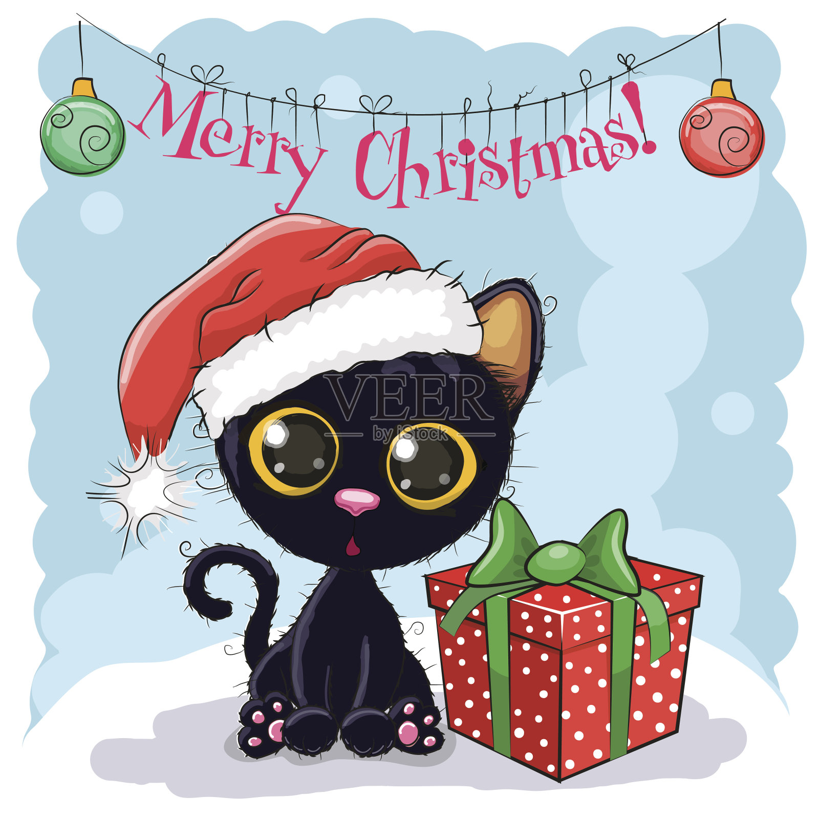 戴着圣诞帽的黑猫插画图片素材