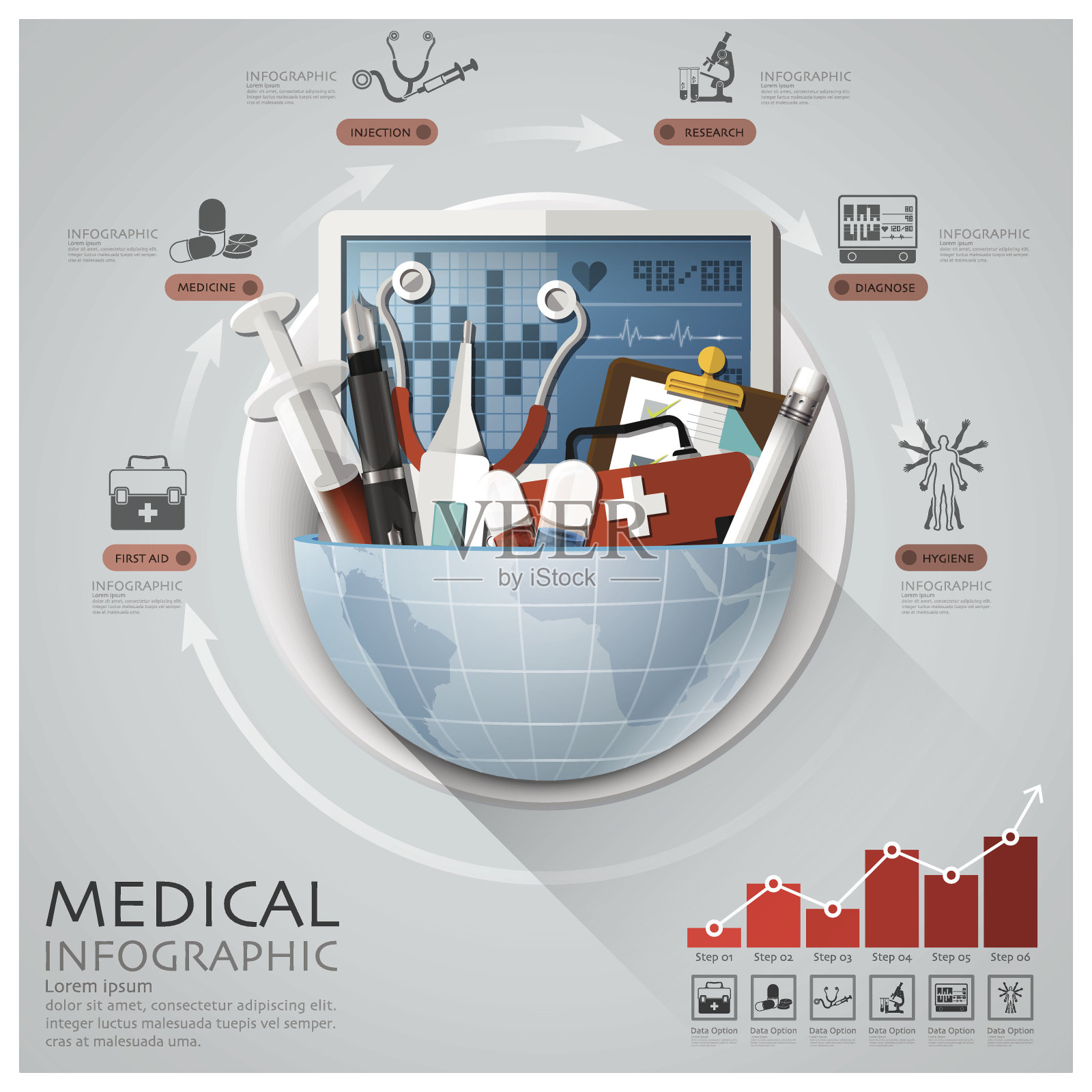 全球医疗和健康信息图与圆圆图插画图片素材