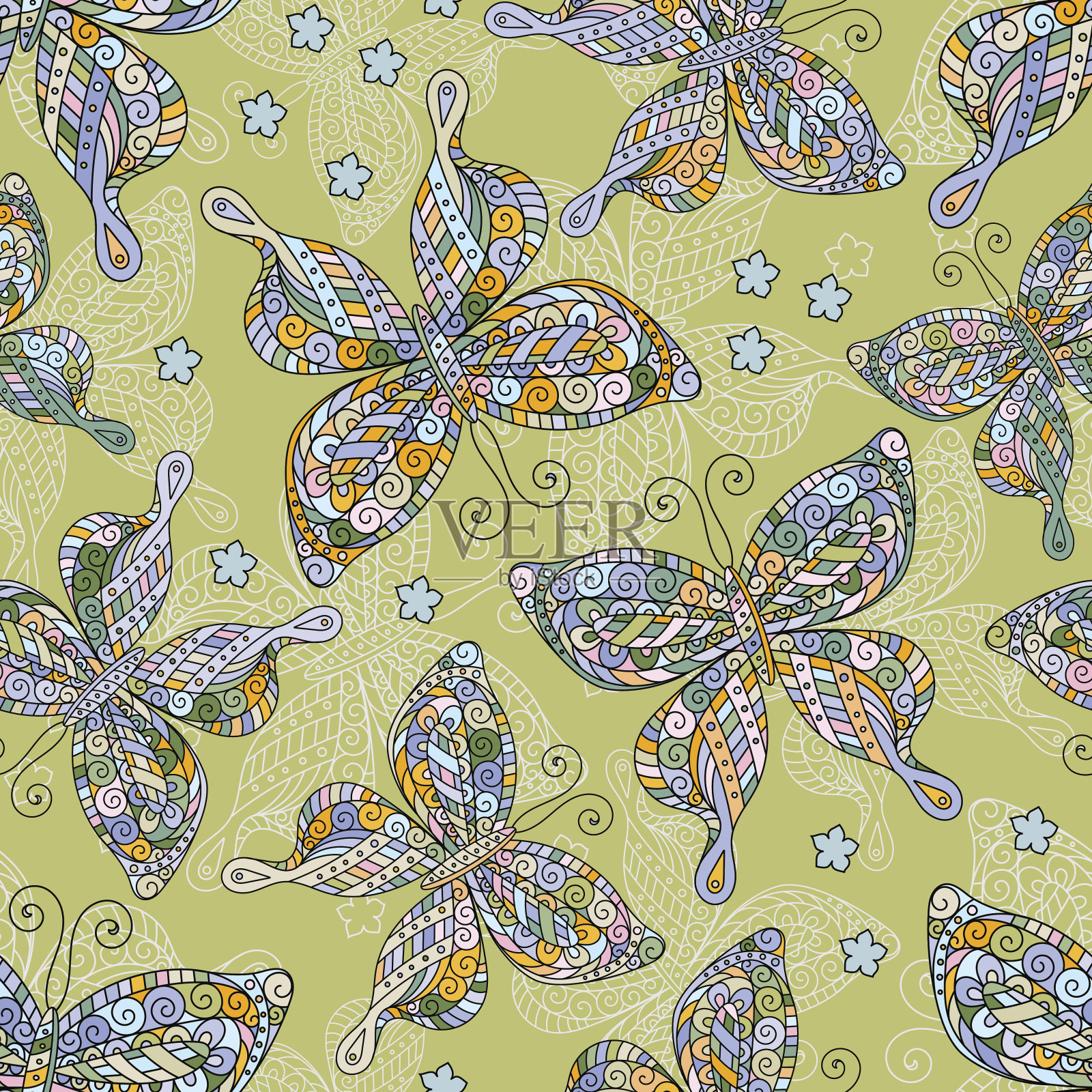 时尚的蝴蝶图案。黄色背景上的彩色物体。涂鸦。手插画图片素材