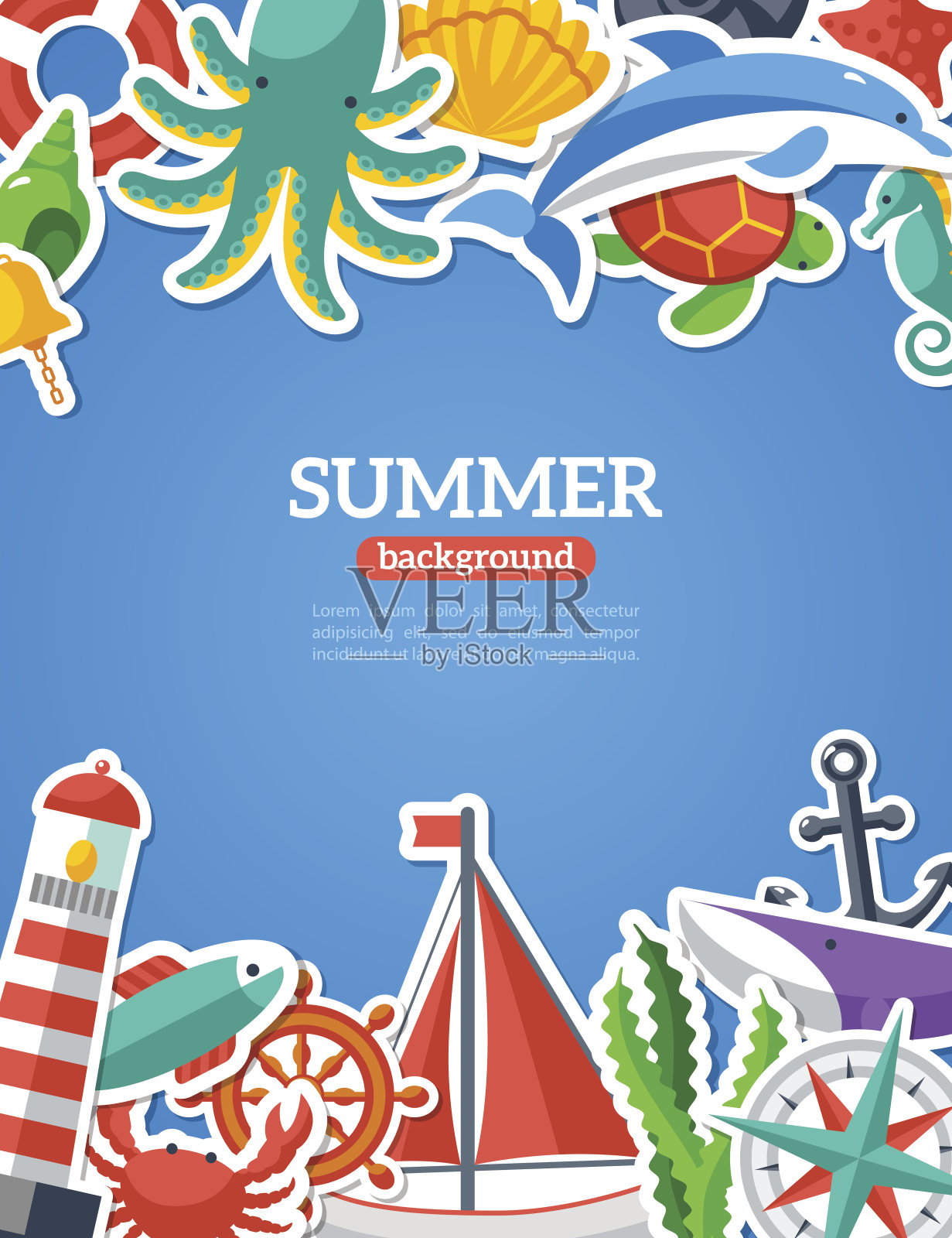 夏季概念与平面图标。插画图片素材