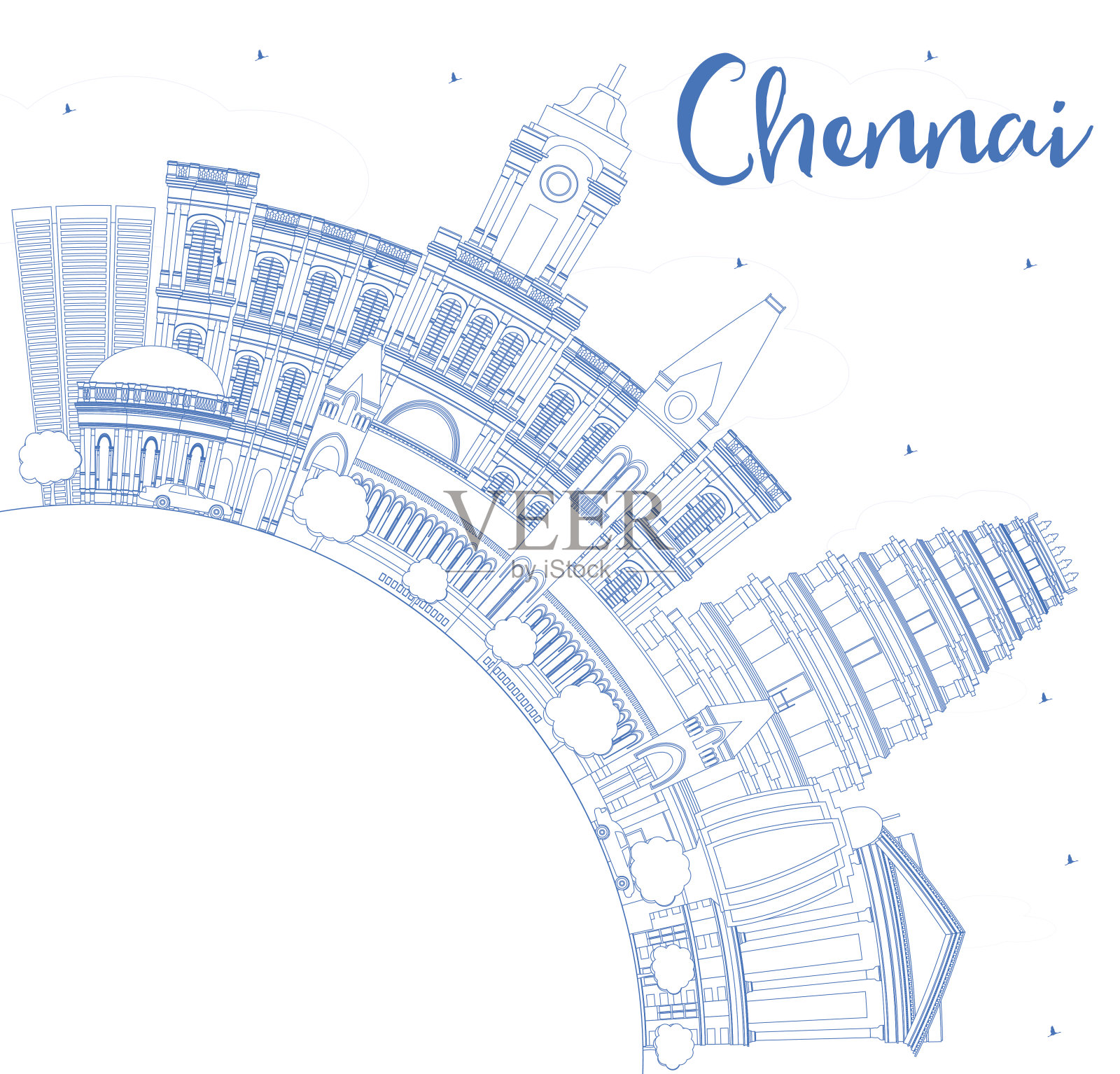 用蓝色地标和复制空间勾勒金奈的天际线。插画图片素材