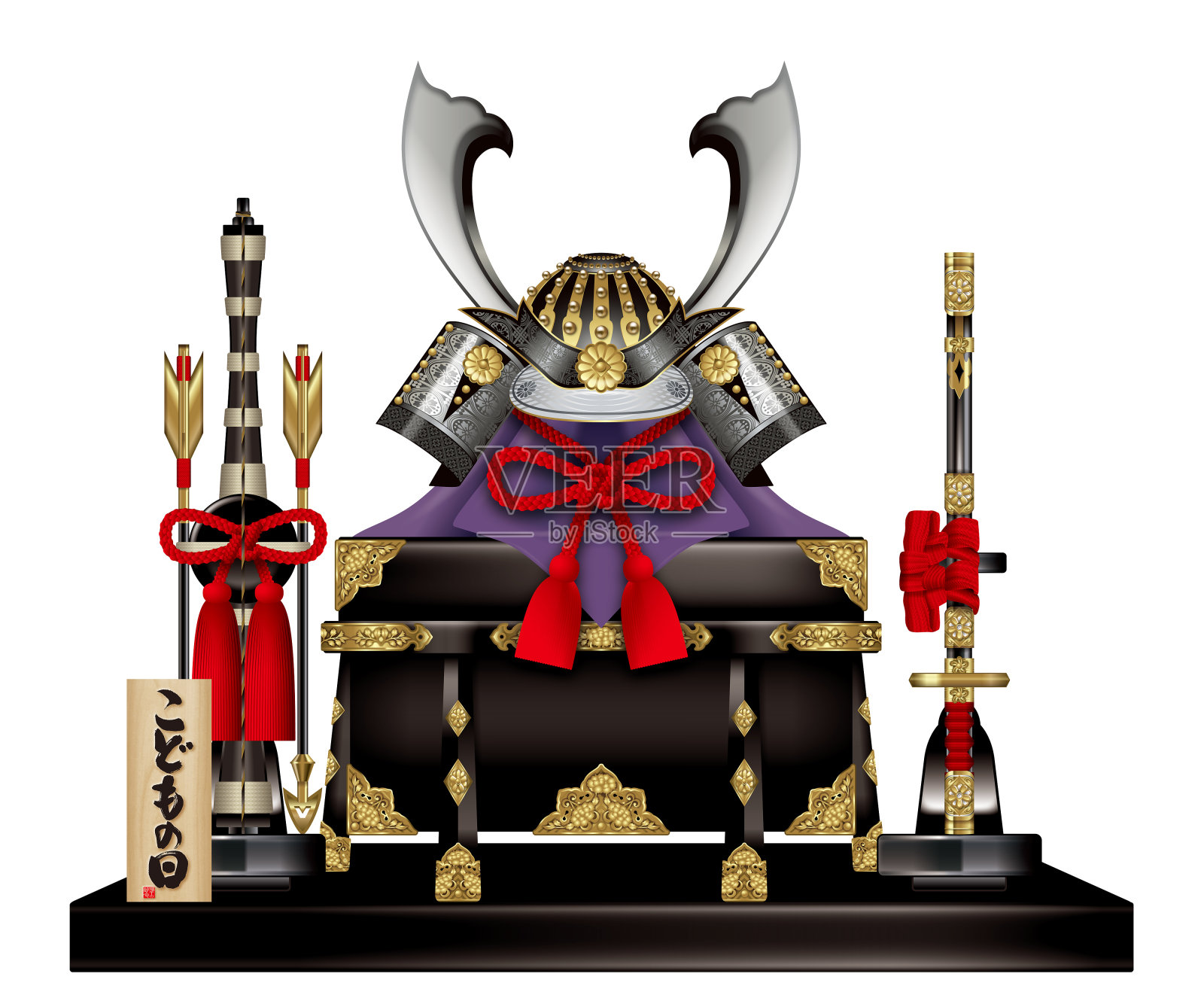 武士头盔。弓、箭和剑。插画图片素材