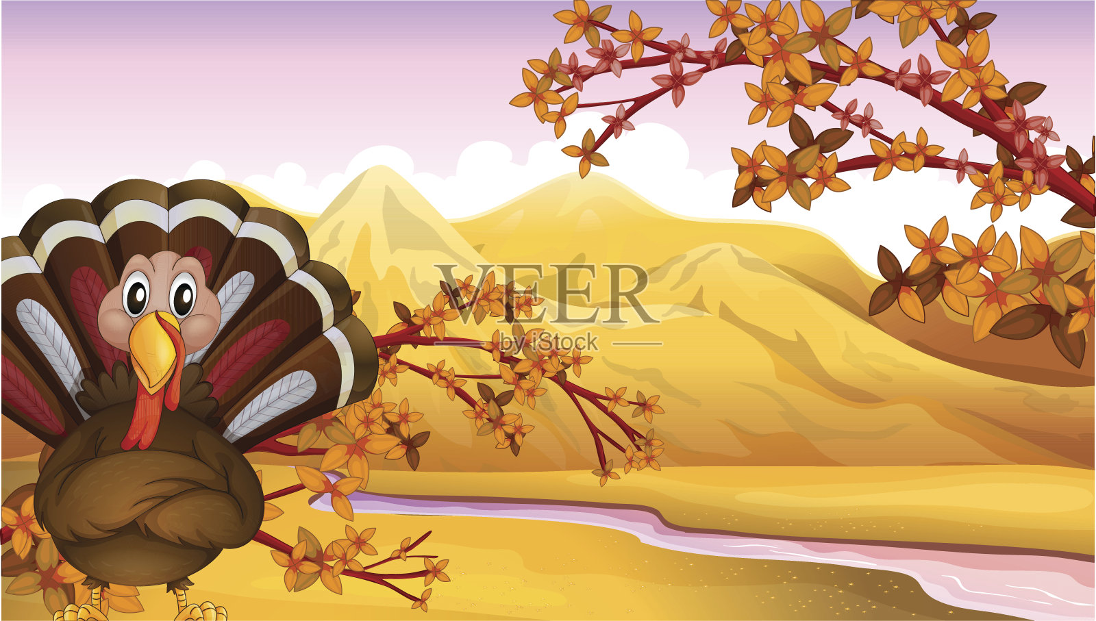 秋天的景色和一只火鸡插画图片素材
