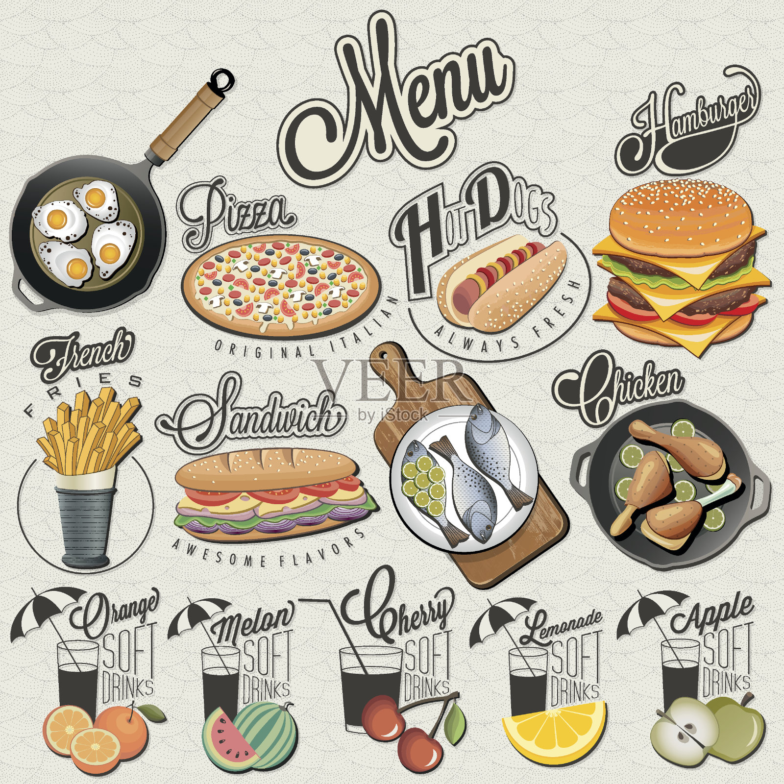 复古复古风格的快餐和饮料设计。设计模板素材