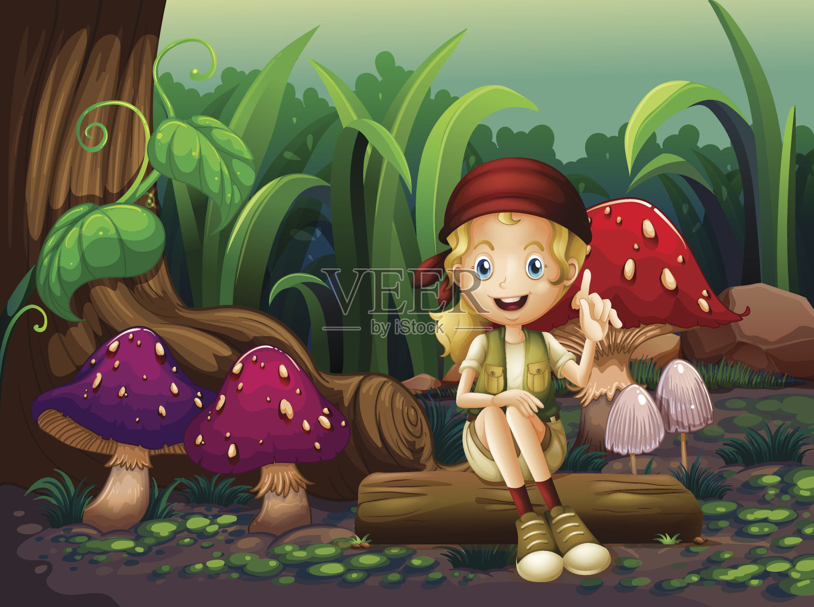 女孩坐在长满蘑菇的树林里插画图片素材