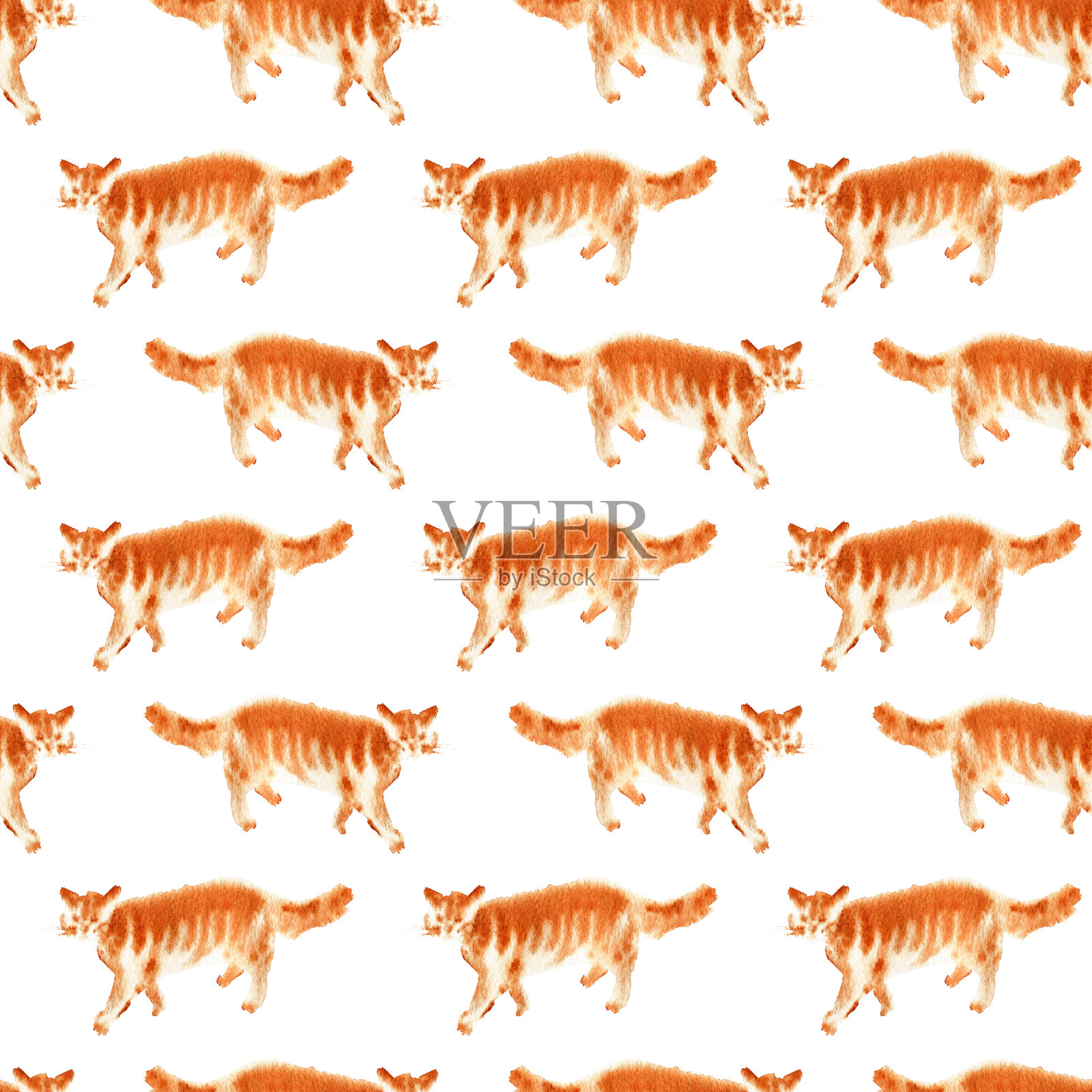 无缝图案与水彩红猫插画图片素材