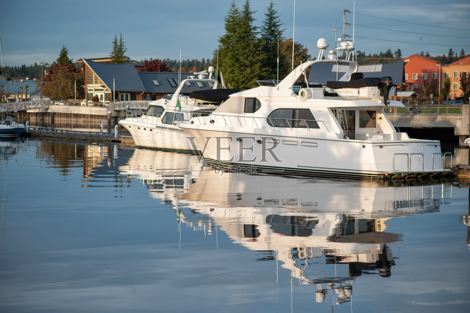 美丽的港口，镇上有各种各样的摩托艇照片摄影图片