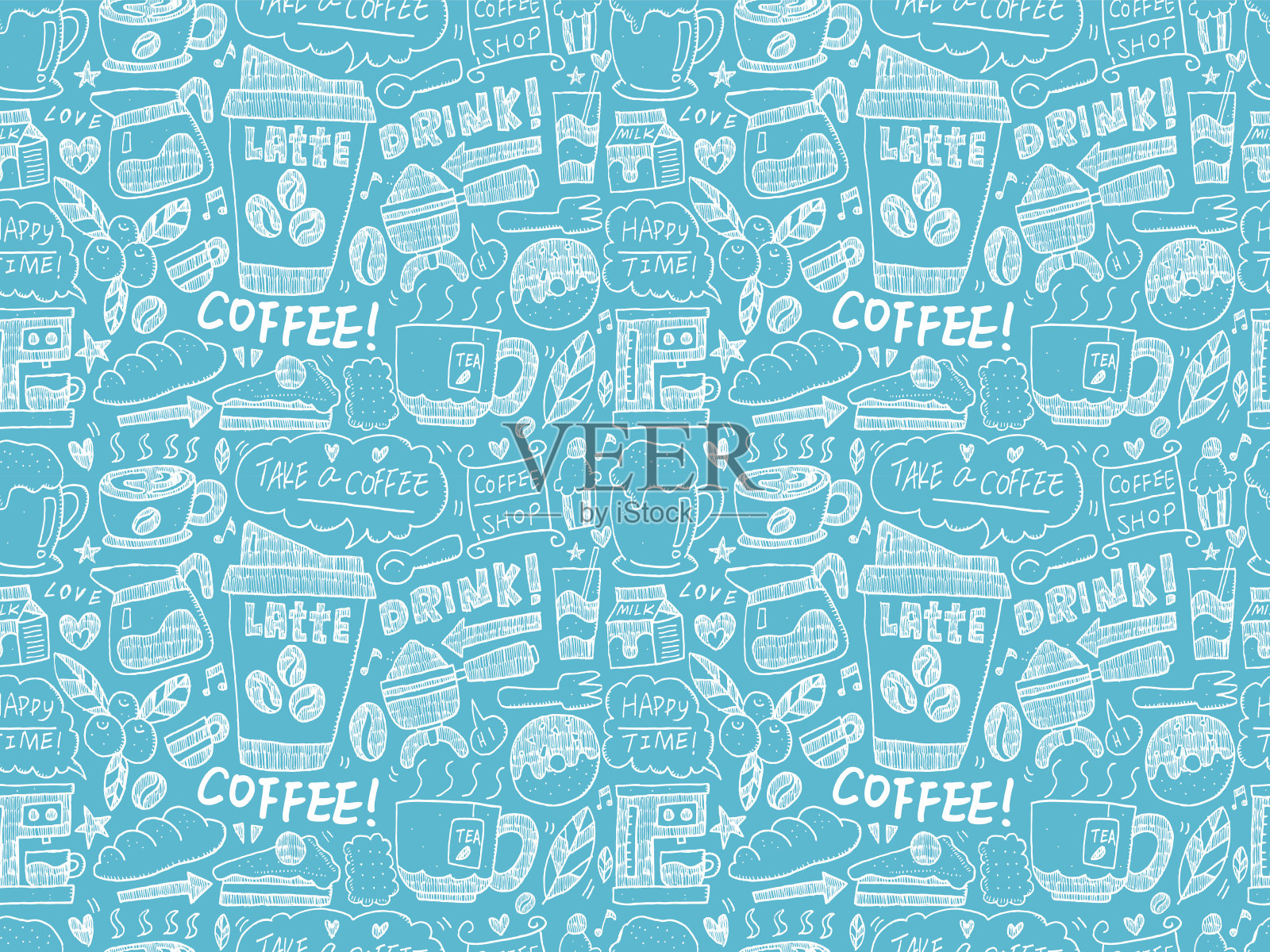 无缝涂鸦咖啡图案背景插画图片素材