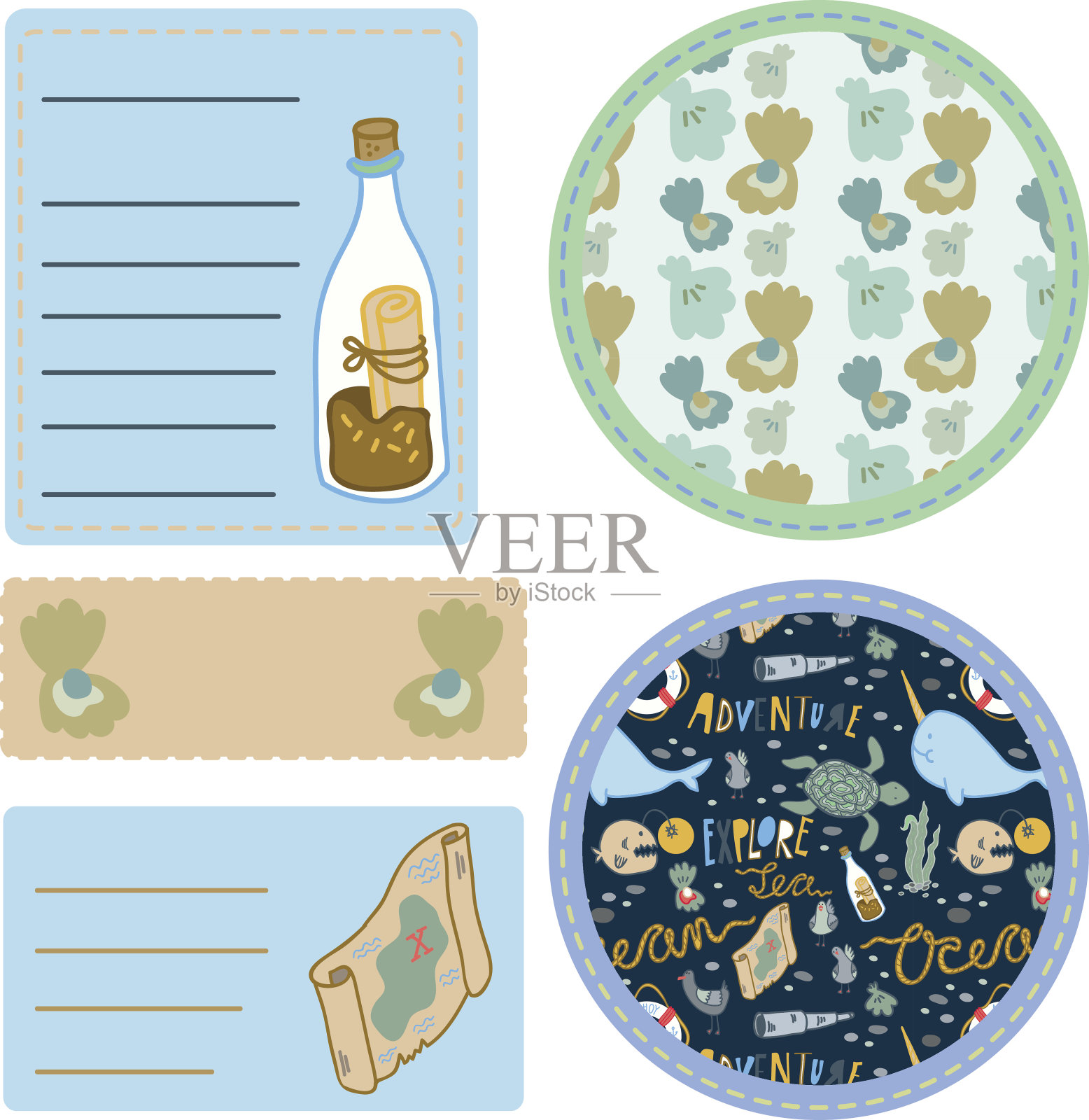 夏季冒险标签/贴纸套装插画图片素材