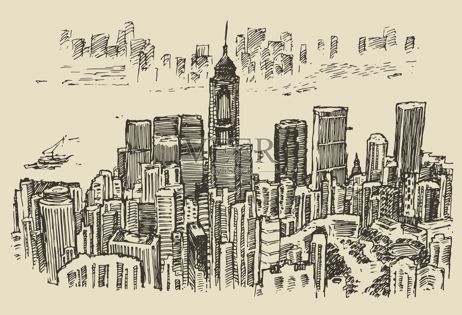 香港大城市建筑手绘草图插画图片素材