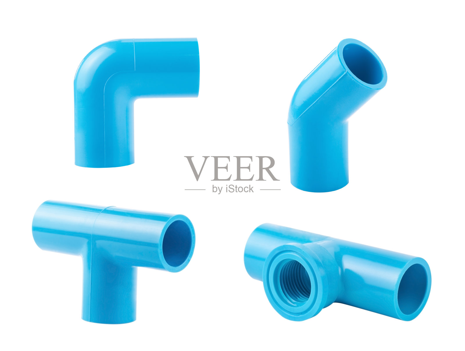 蓝色PVC管连接隔离在白色上照片摄影图片