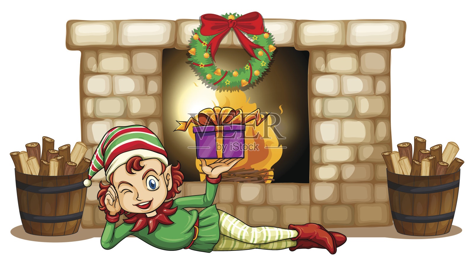 壁炉前的小精灵插画图片素材