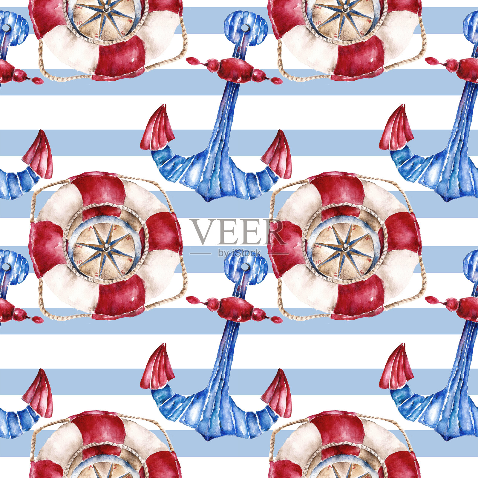 无缝模式与救生圈，锚和罗盘。水彩插图。插画图片素材