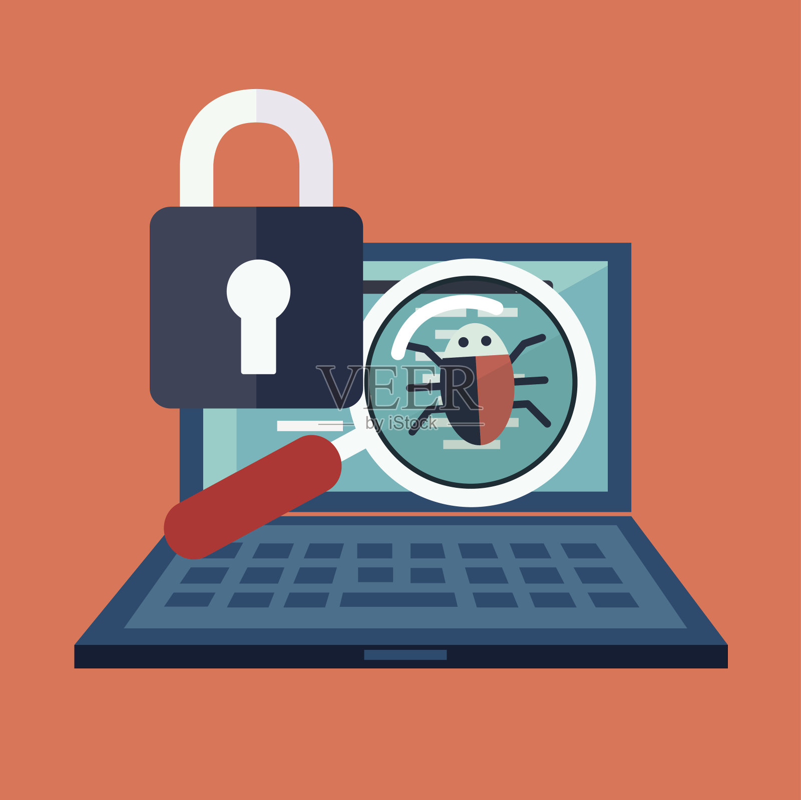 搜索bug病毒带电脑的放大镜插画图片素材