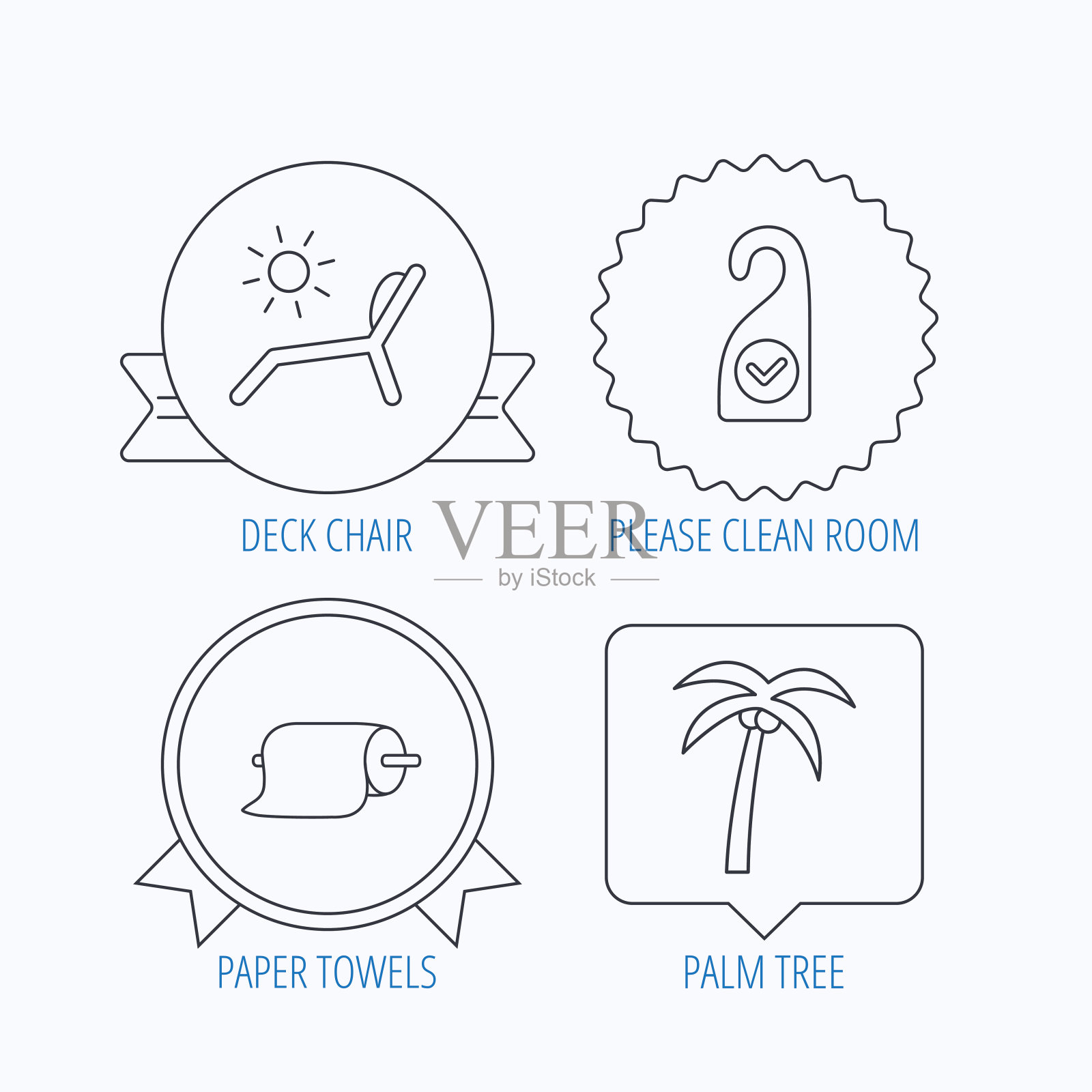 棕榈树，纸巾和海滩甲板椅图标。插画图片素材