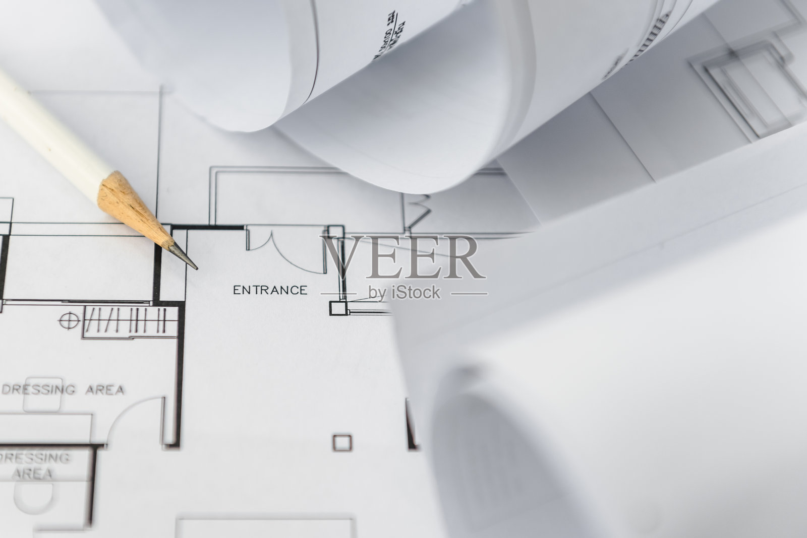 建筑图纸上的白色铅笔照片摄影图片