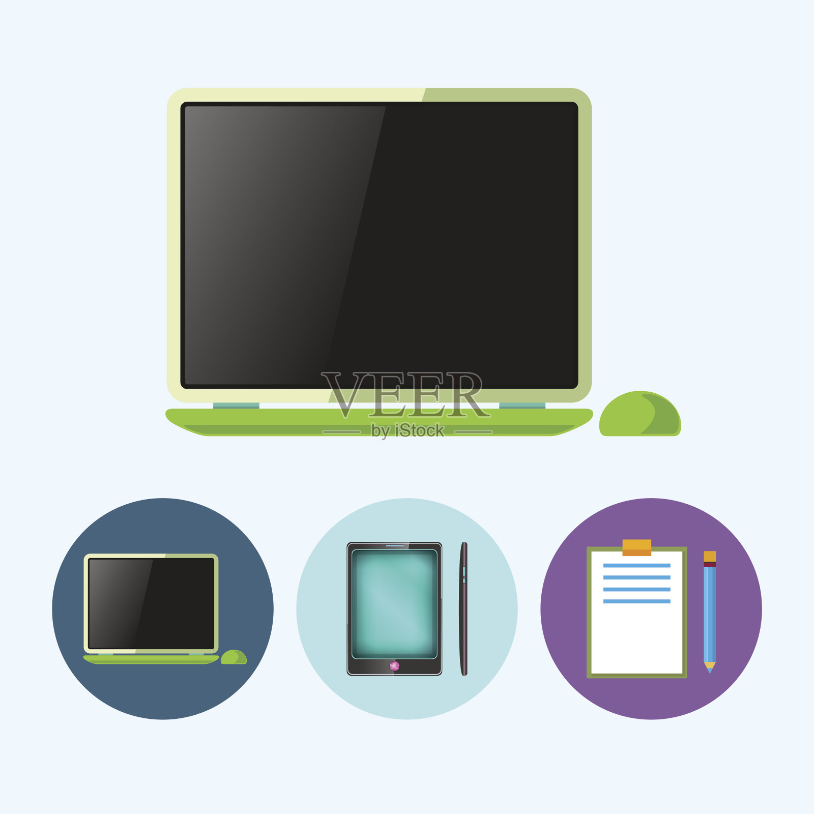 设置图标与笔记本电脑，电话，小工具，剪贴板与铅笔插画图片素材