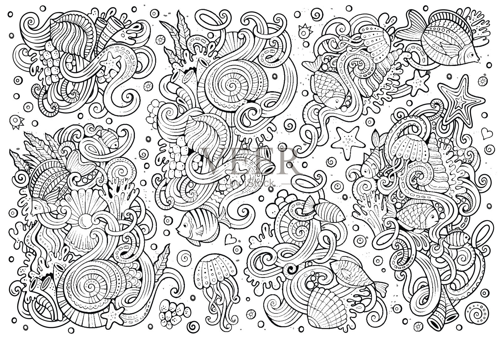 海洋生物物体的线条艺术集插画图片素材