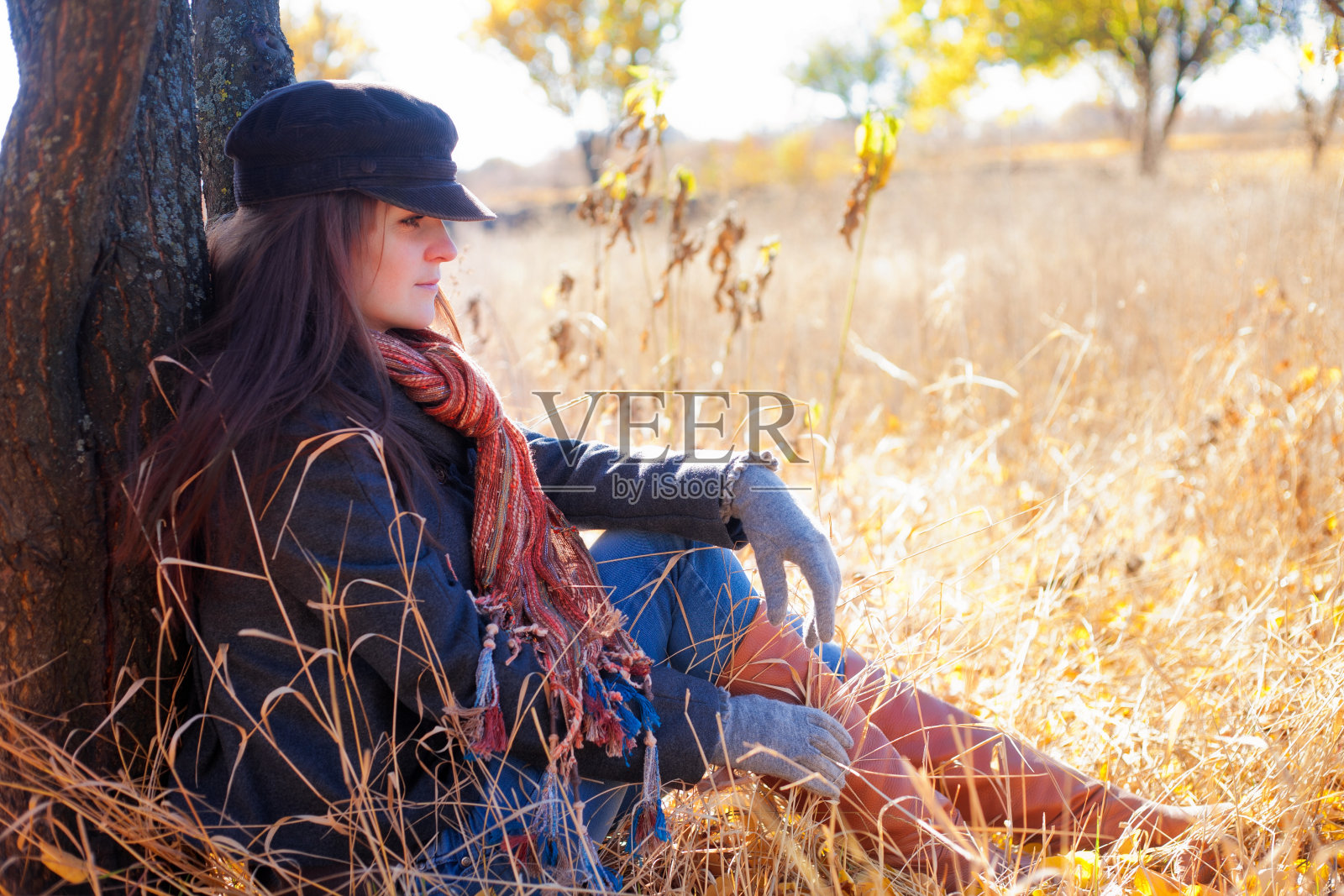 秋天，女孩坐在树旁照片摄影图片