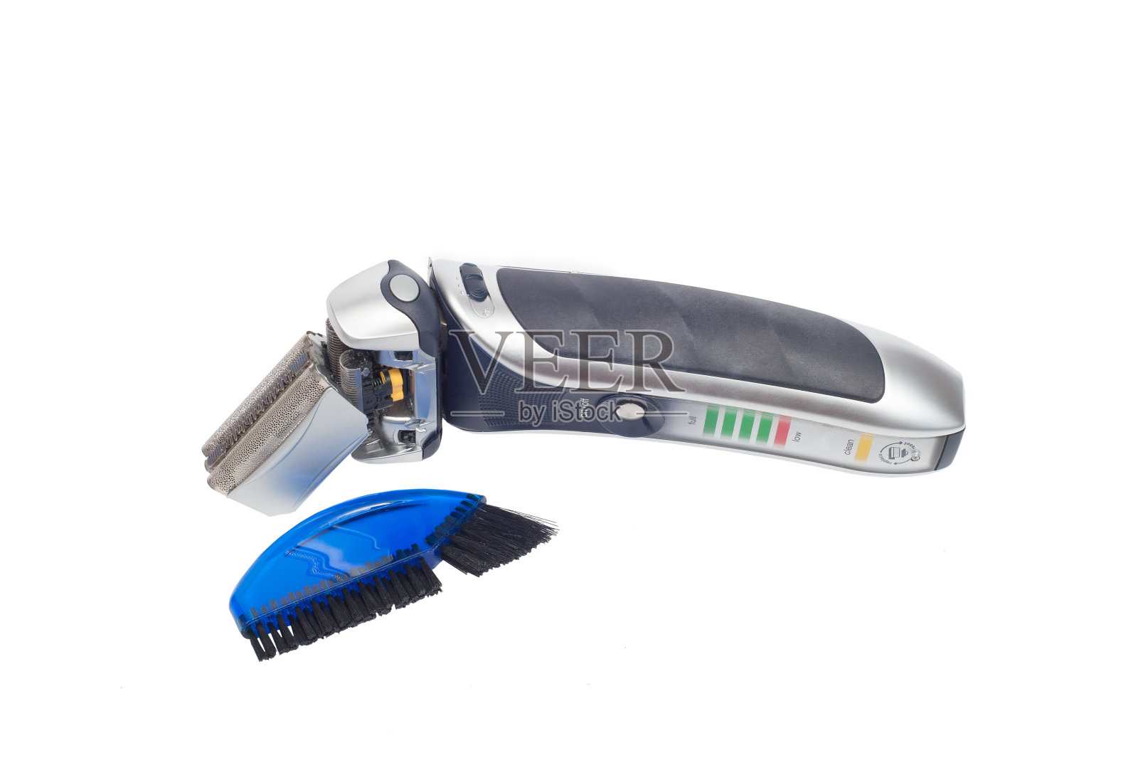 男士黑色电动剃须刀与清洁刷照片摄影图片