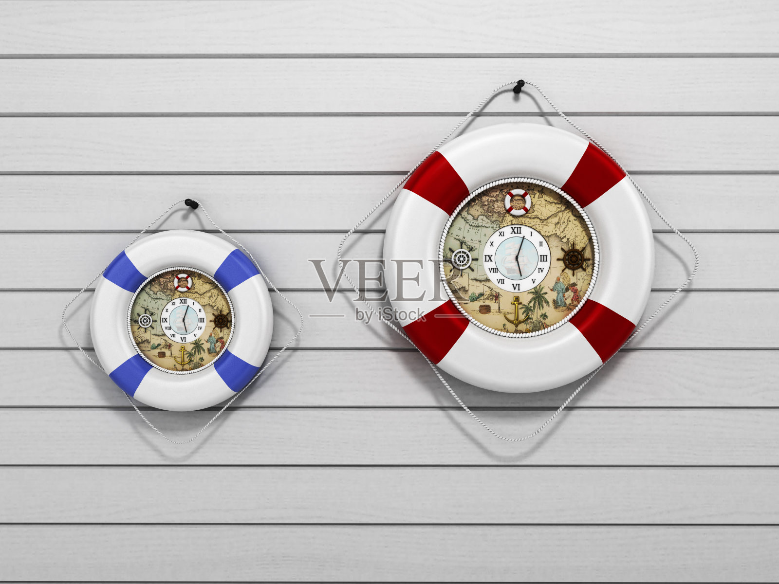 救生圈装饰形式的时钟3d渲染照片摄影图片