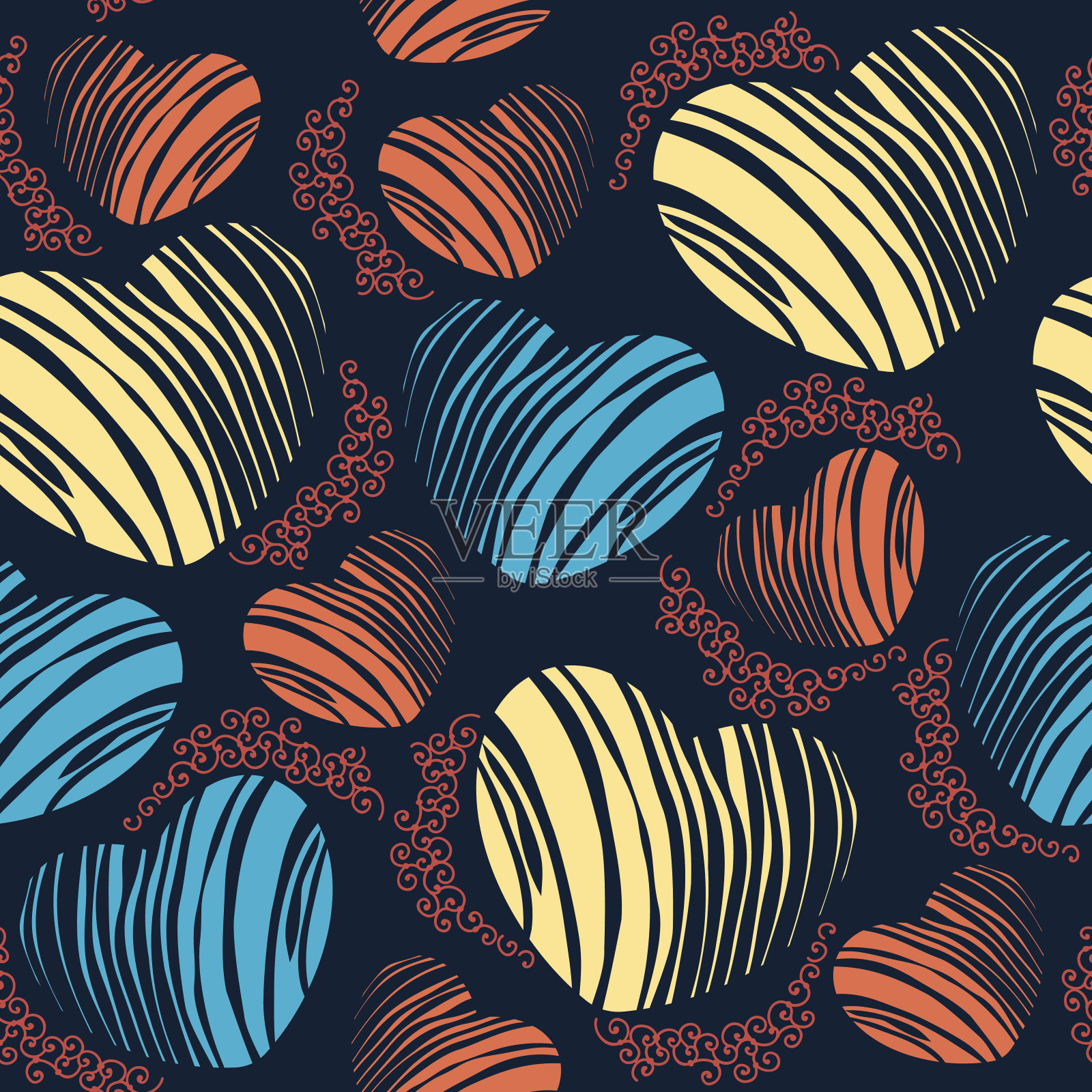 无缝图案条纹心和卷发插画图片素材