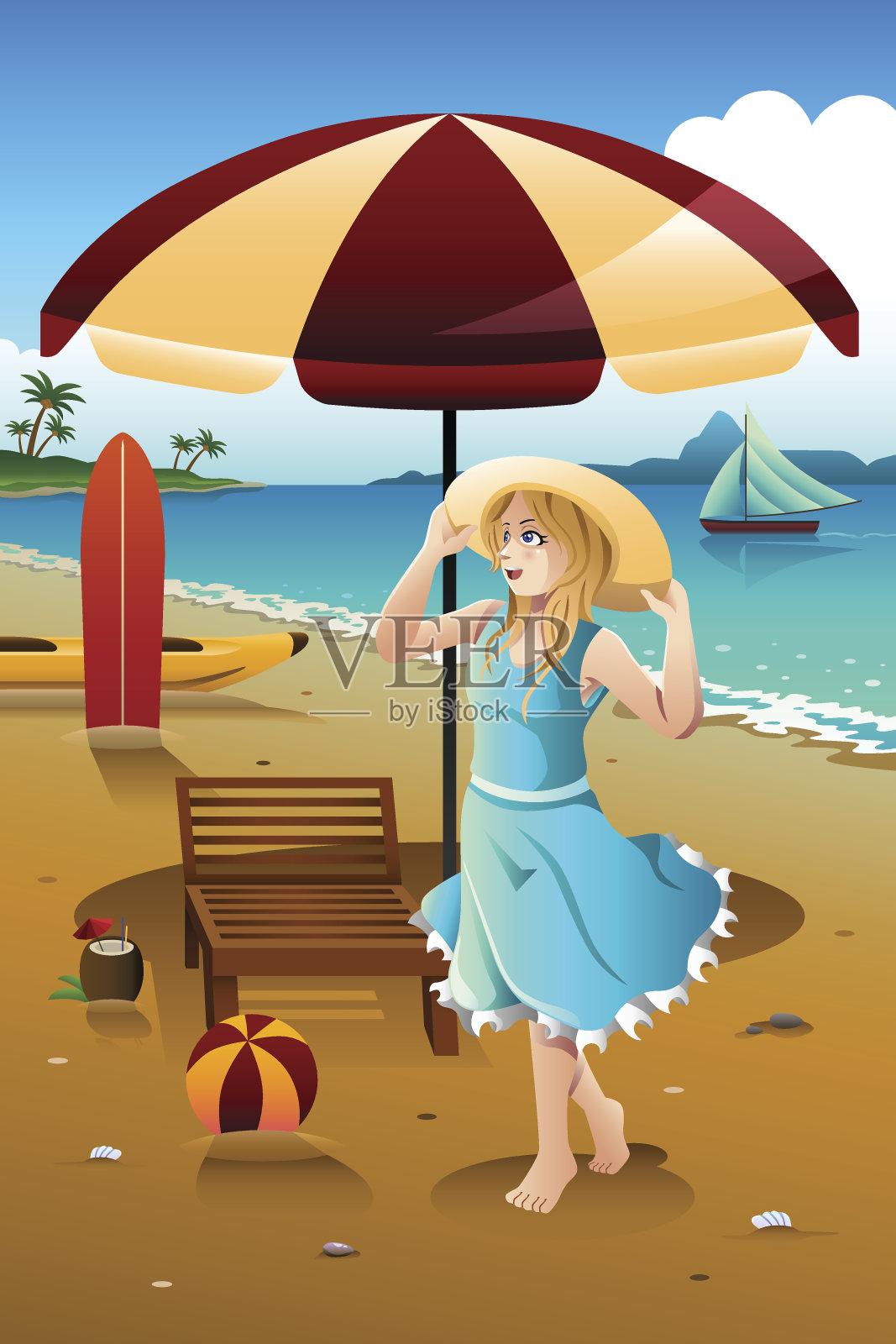 沙滩上的女孩插画图片素材