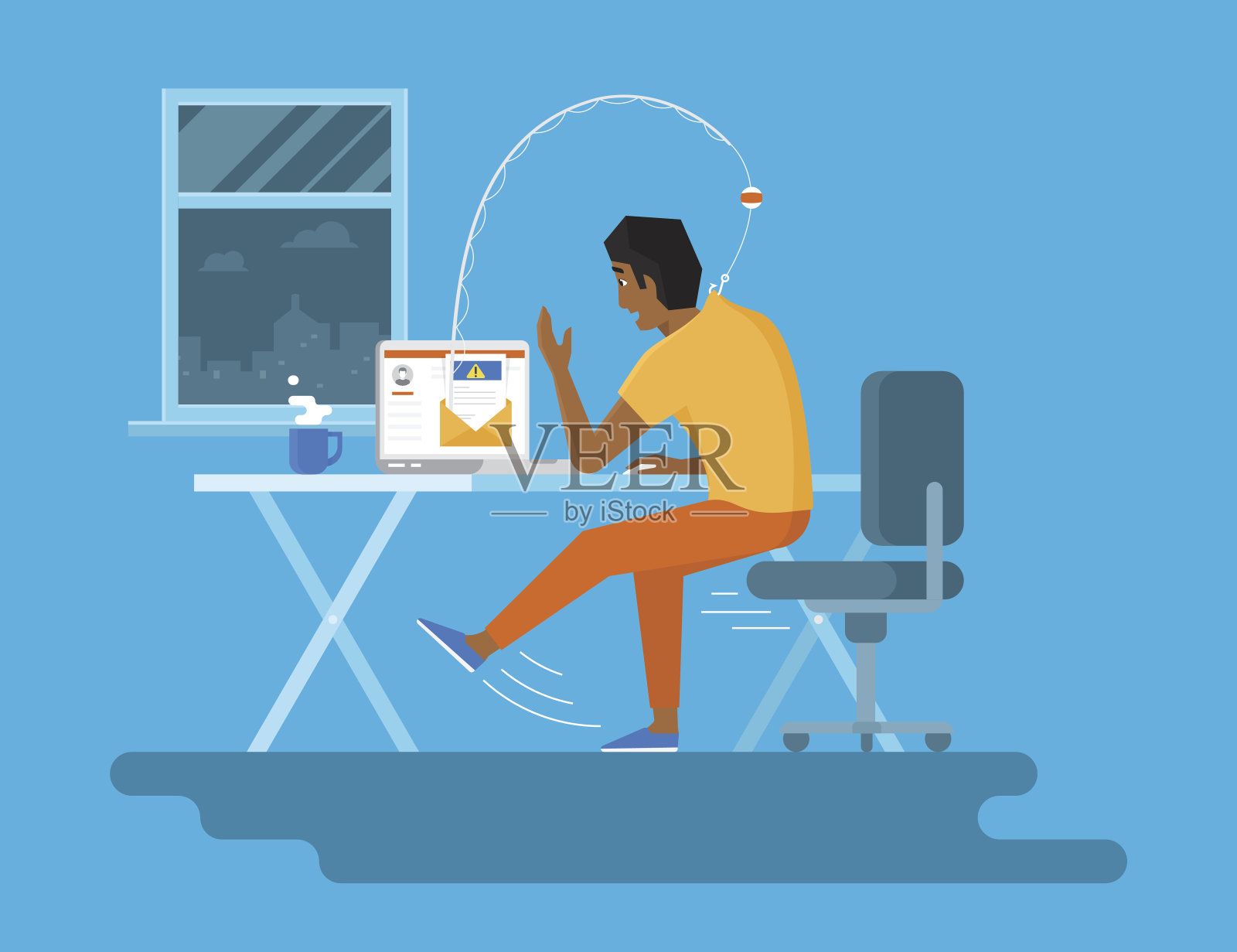 一个年轻人在午夜用笔记本电脑读一封新邮件插画图片素材