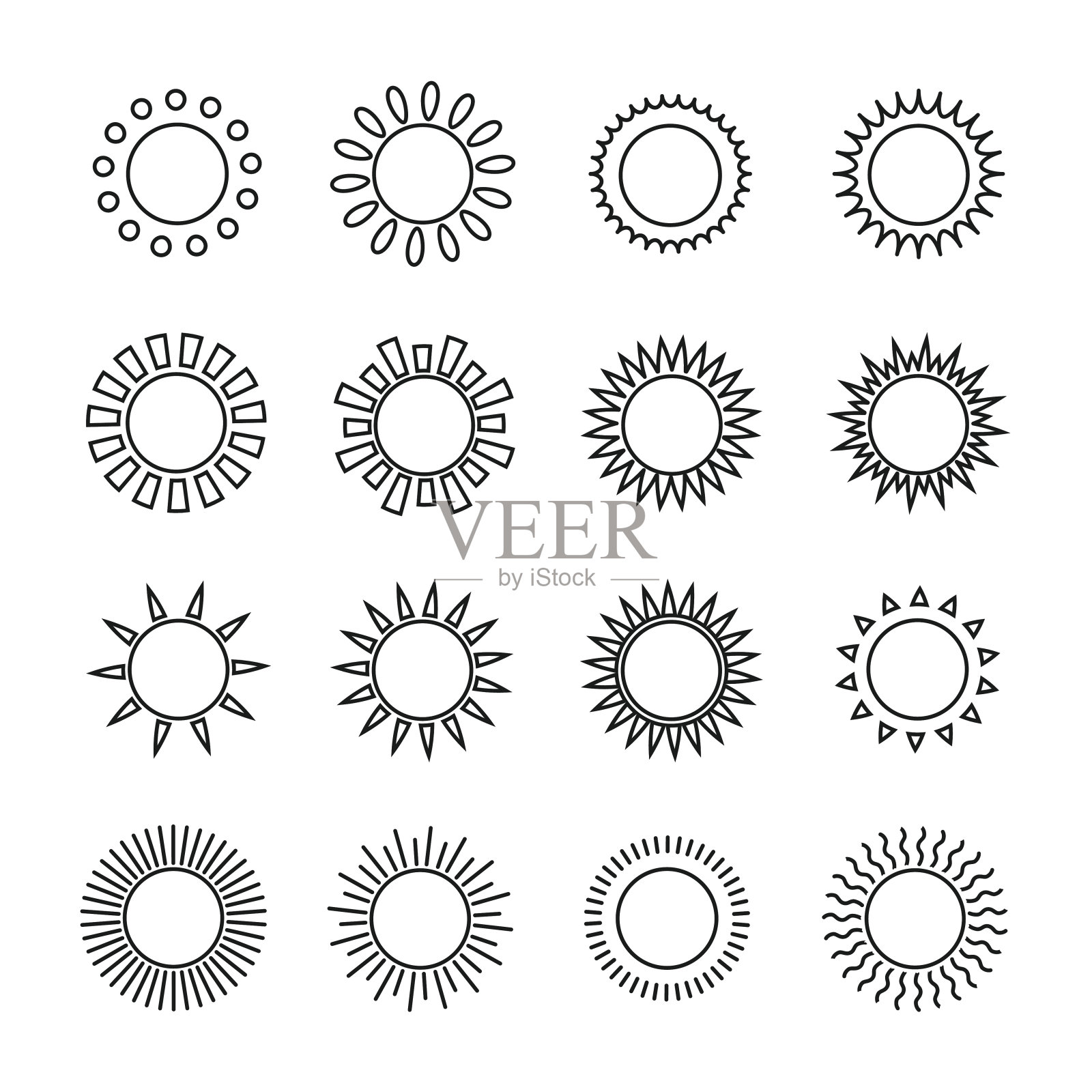 一套太阳网图标，符号，标志在平坦的风格。插画图片素材