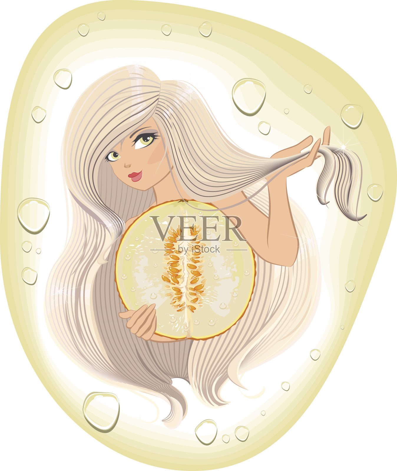 金发，长发，手里拿着切好的甜瓜插画图片素材