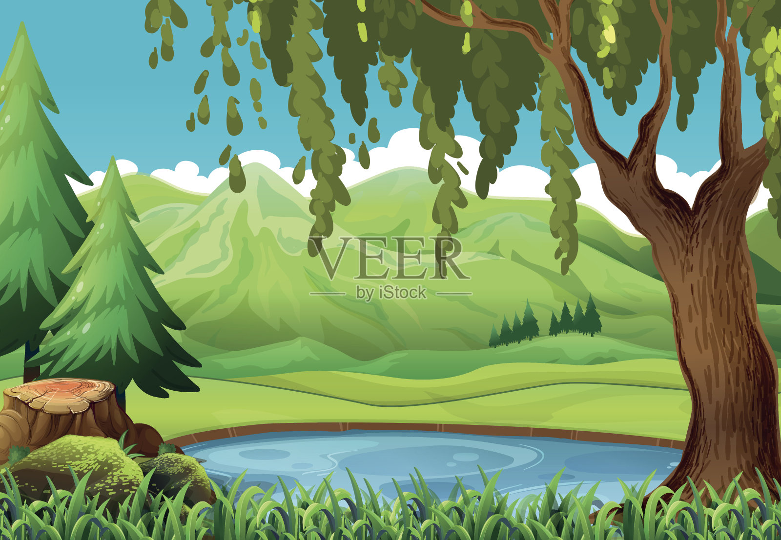 有山和池塘的景色插画图片素材