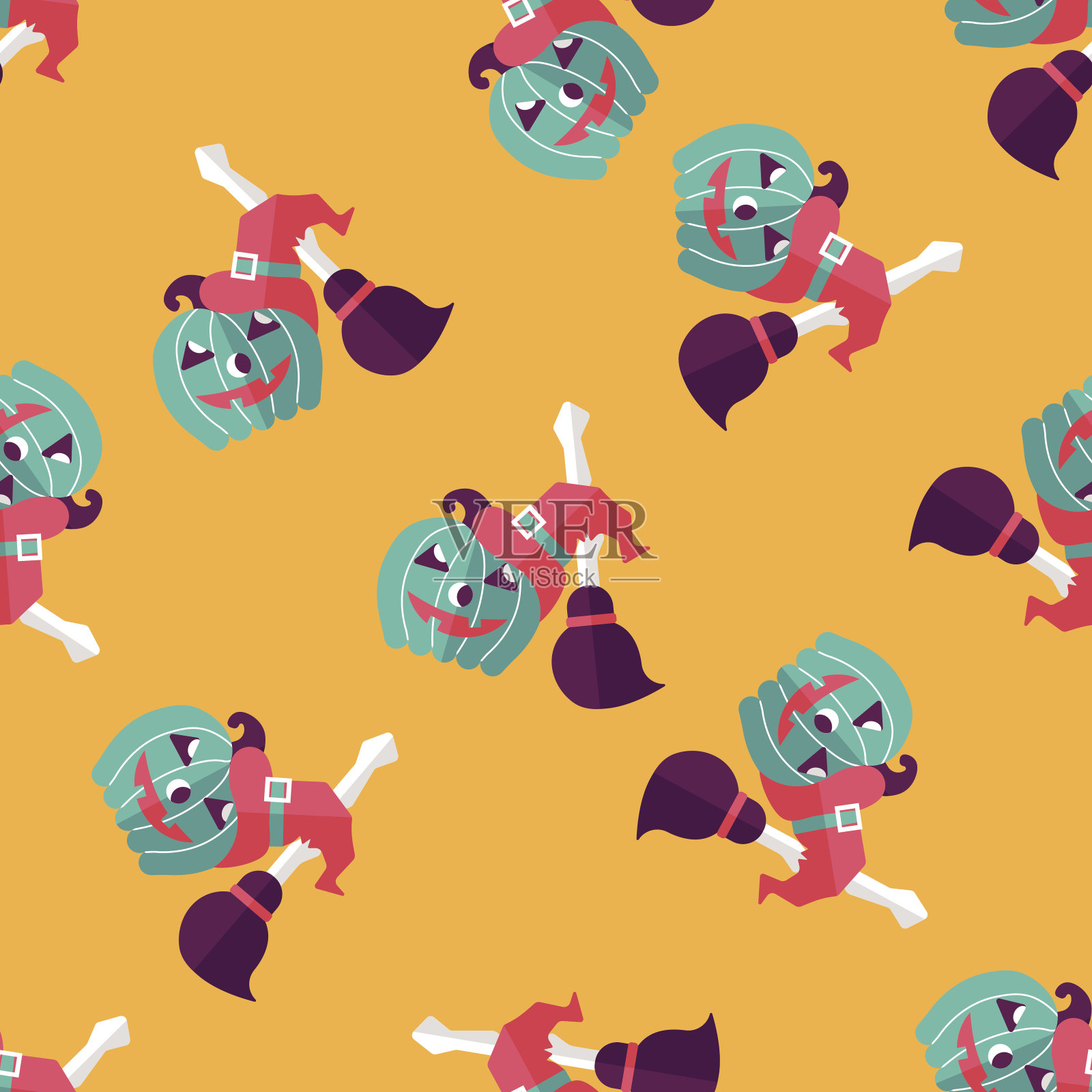 南瓜和扫帚平面图标，eps10无缝图案背景插画图片素材