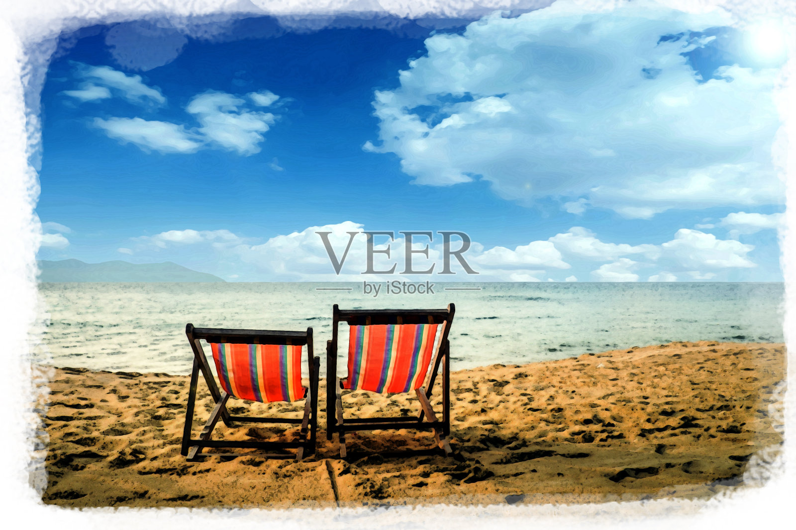 带日光浴床的昌岛海滩。照片摄影图片