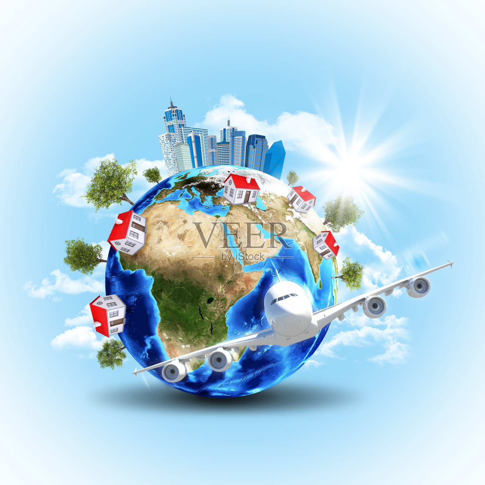 地球上有建筑物和飞机照片摄影图片