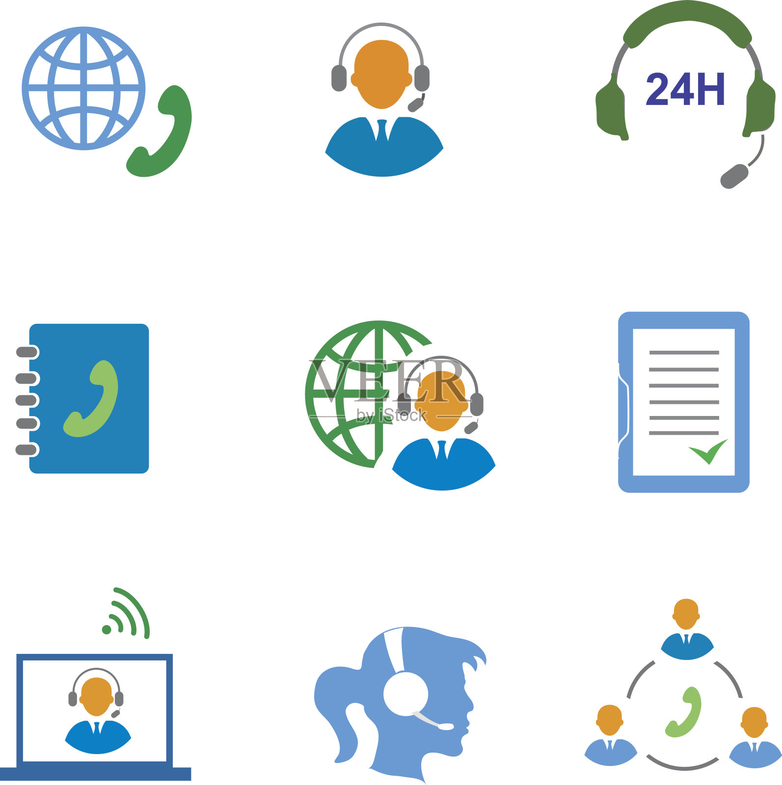 呼叫中心服务图标集的联系人，移动电话和图标素材