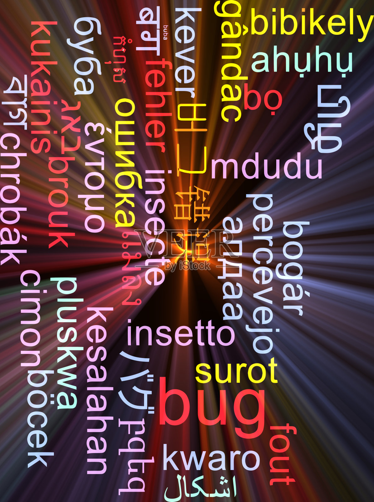 Bug多语言文字云背景概念发光照片摄影图片