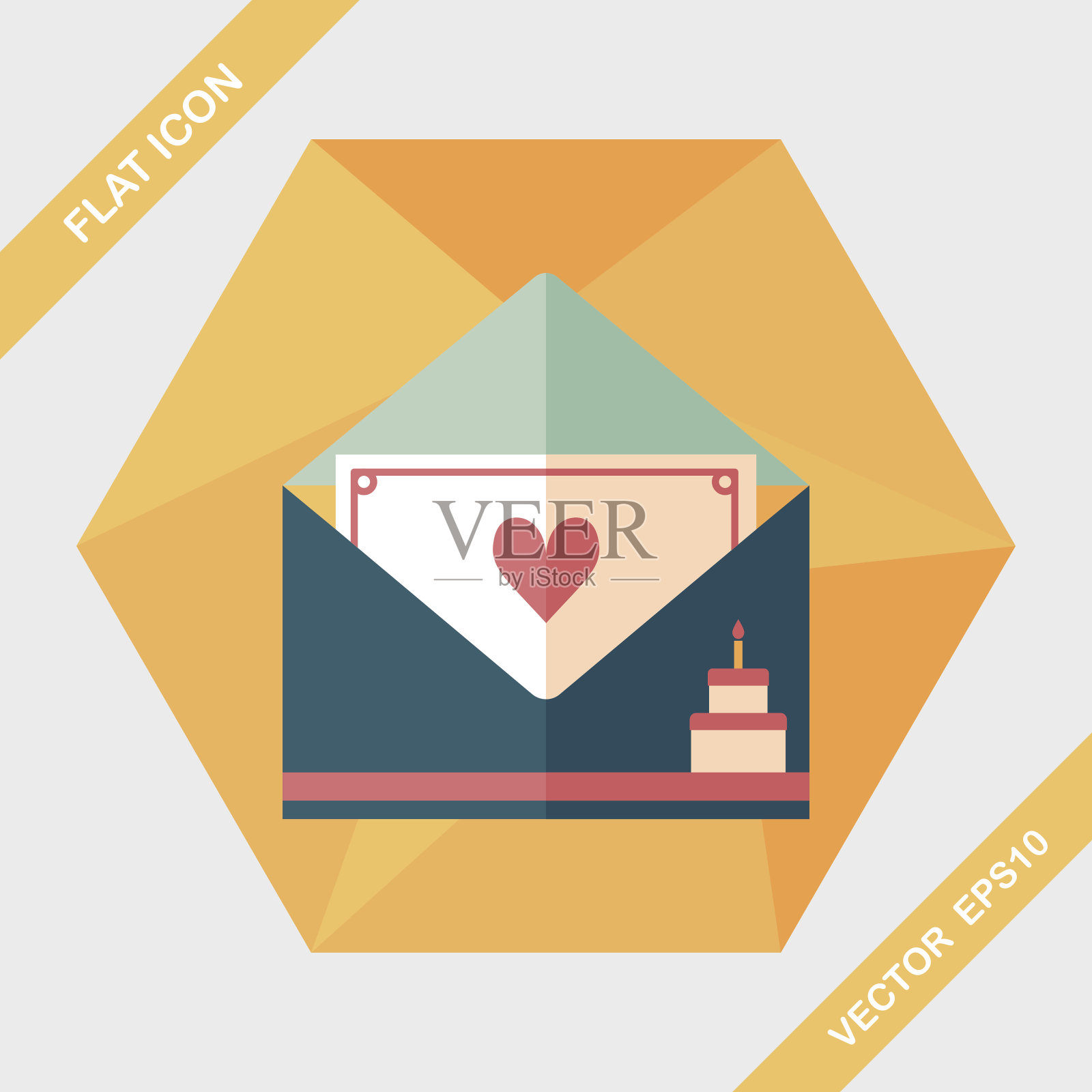 快乐的生日贺卡与长影子的平面图标，eps10插画图片素材