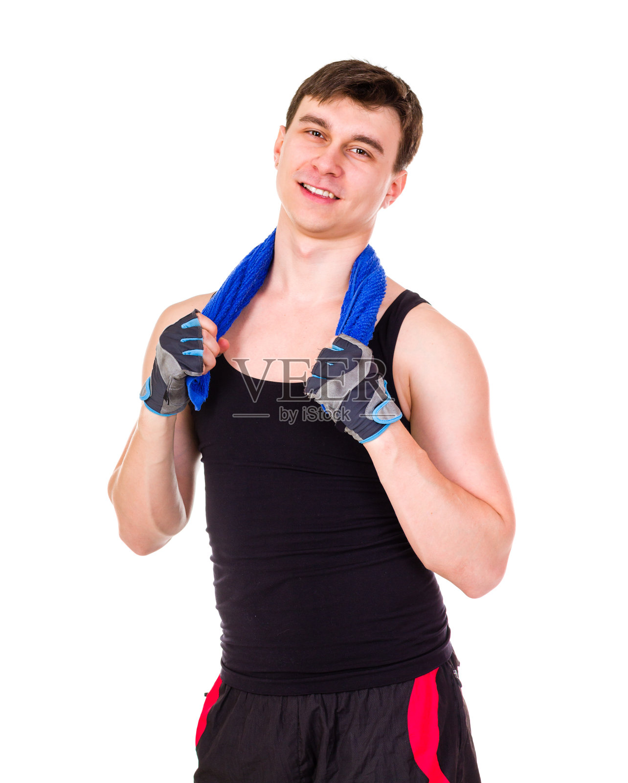 有吸引力的健身男子在运动服装上孤立的白色照片摄影图片