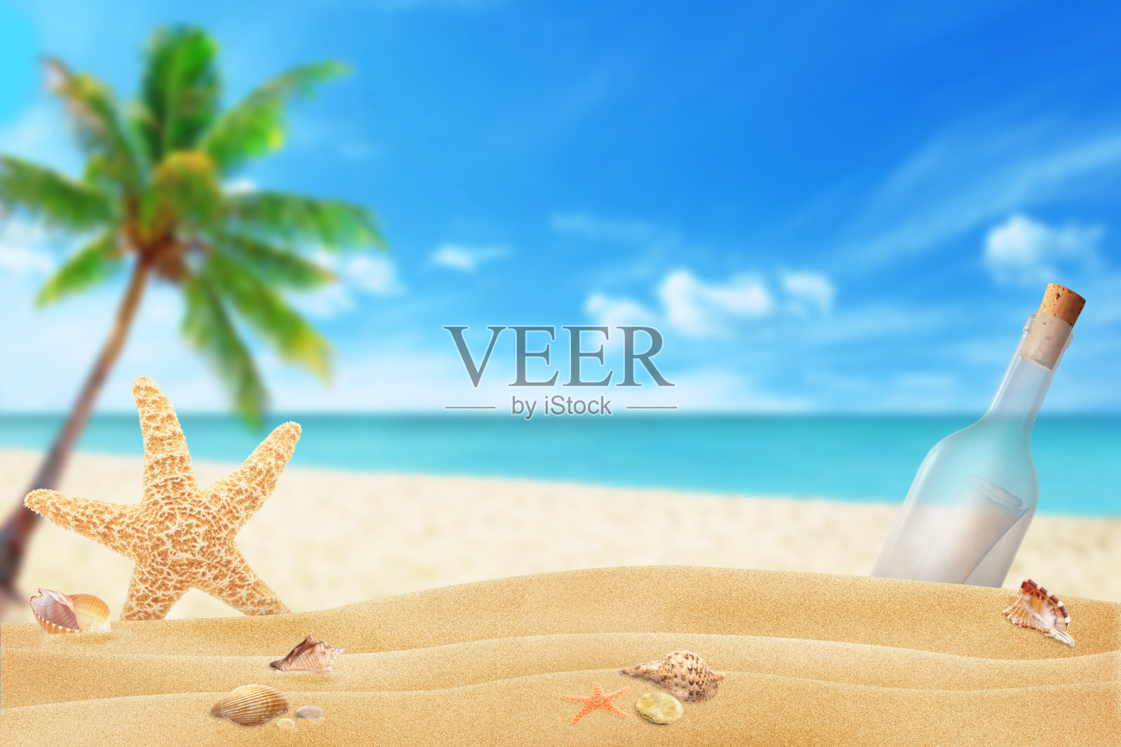 沙滩贝壳，海星，瓶中信照片摄影图片