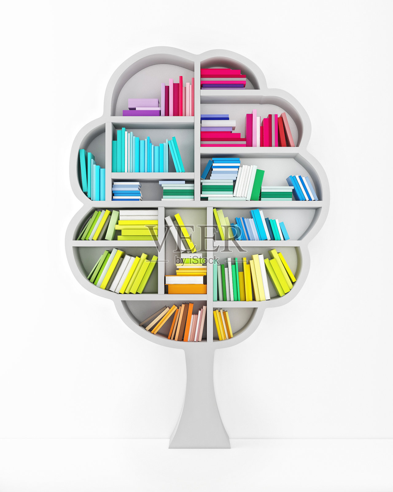 知识之树，白色木架与多色书籍隔离照片摄影图片