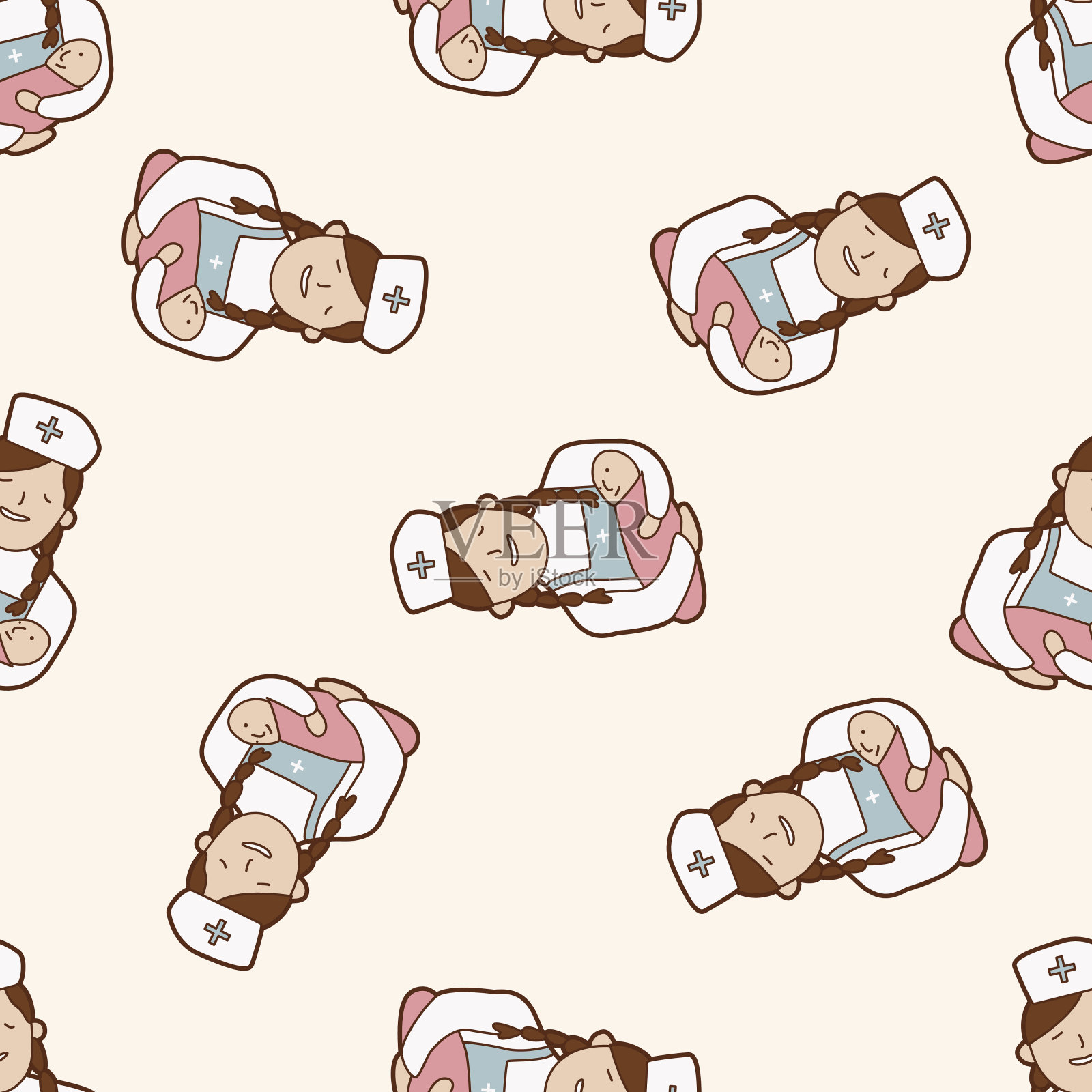 医院主题护士和宝宝，卡通无缝图案背景插画图片素材